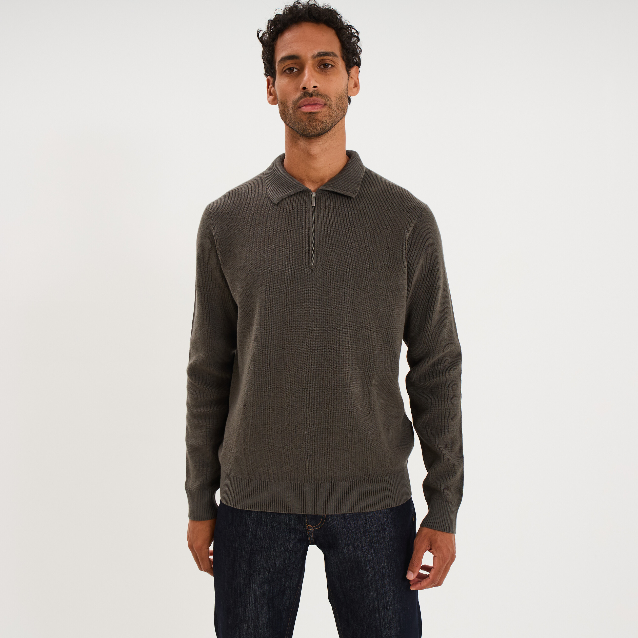 Pull col polo zipp&eacute; manches longues vert homme