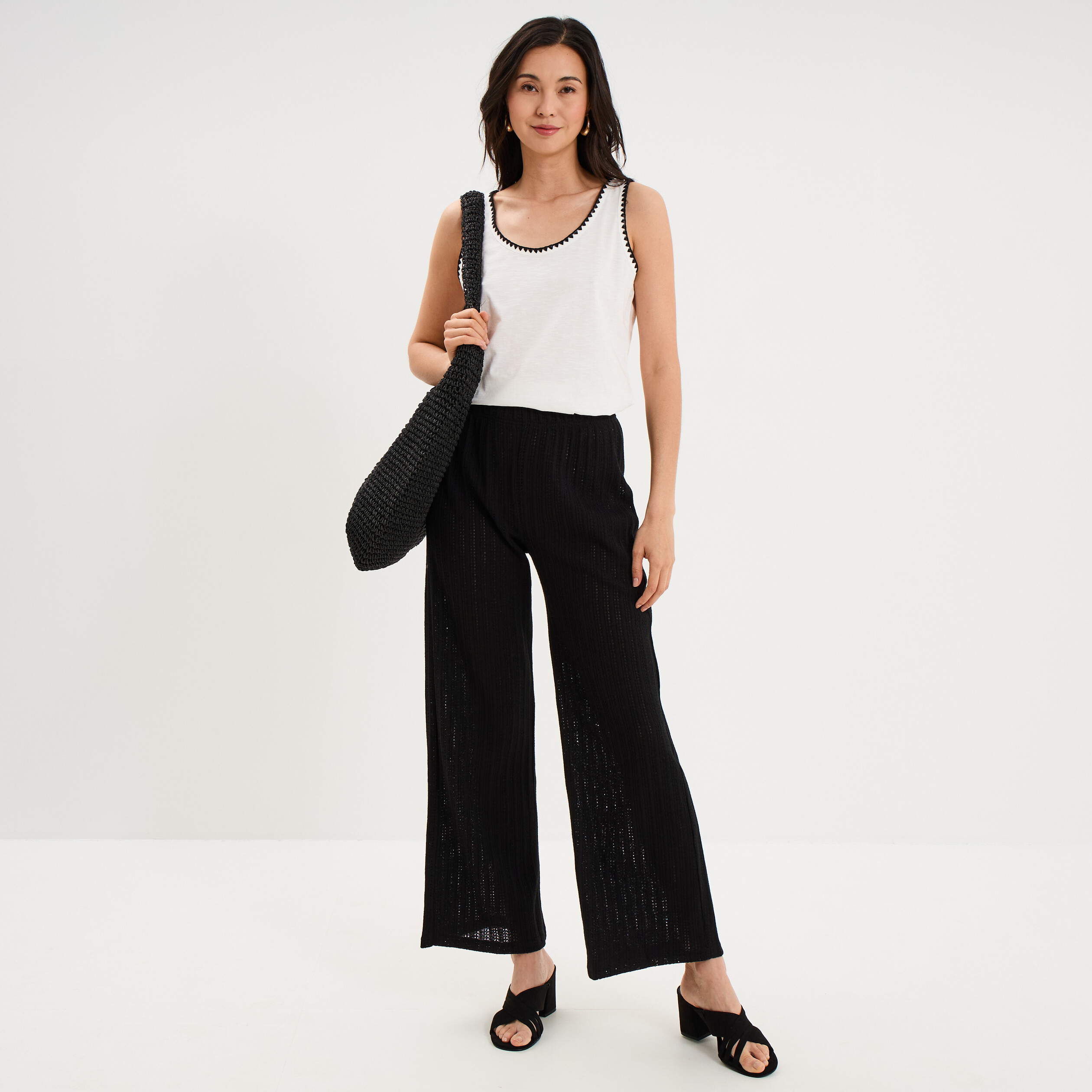 Pantalon large effet crochet &eacute;lastiqu&eacute; noir femme