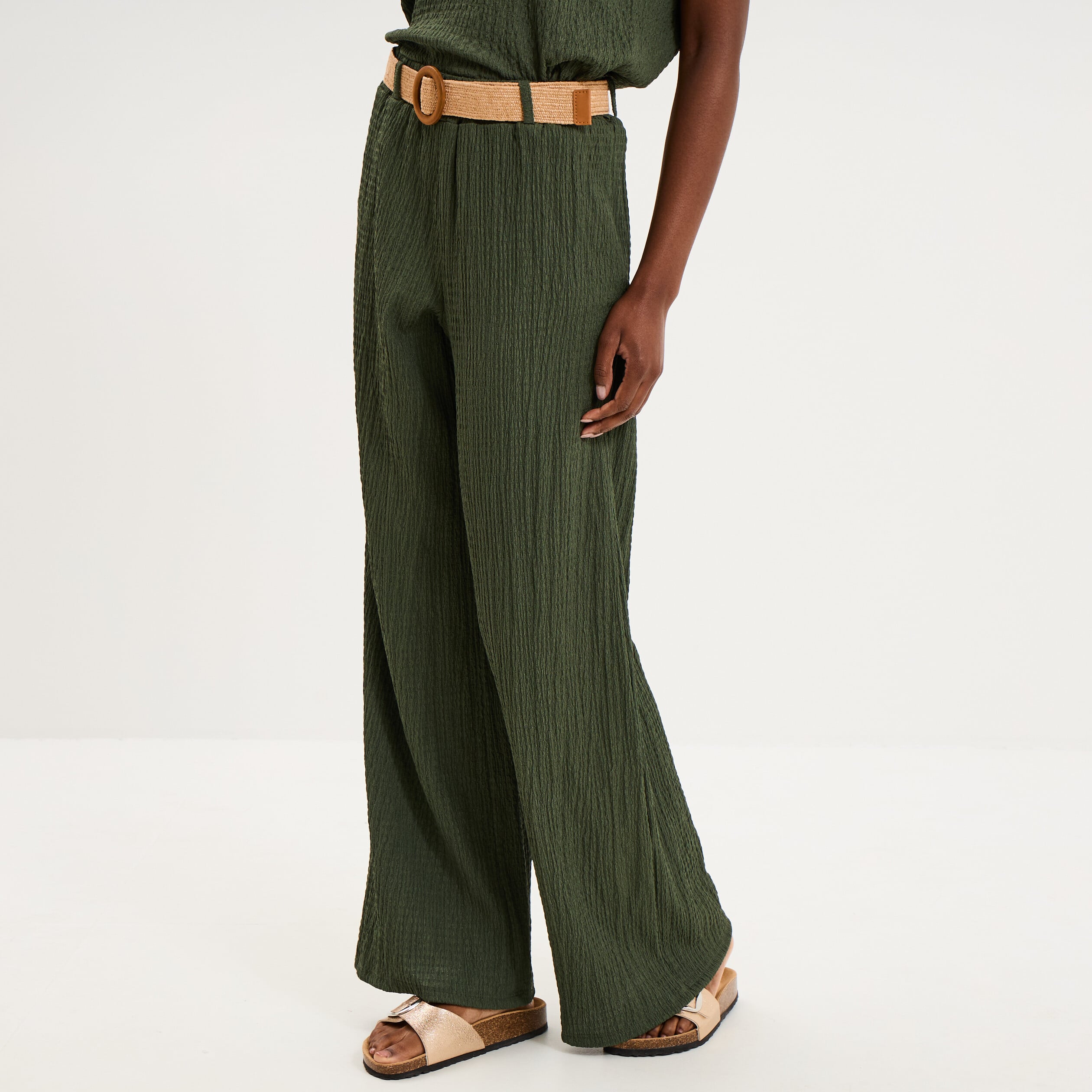 Pantalon fluide large avec ceinture vert kaki femme