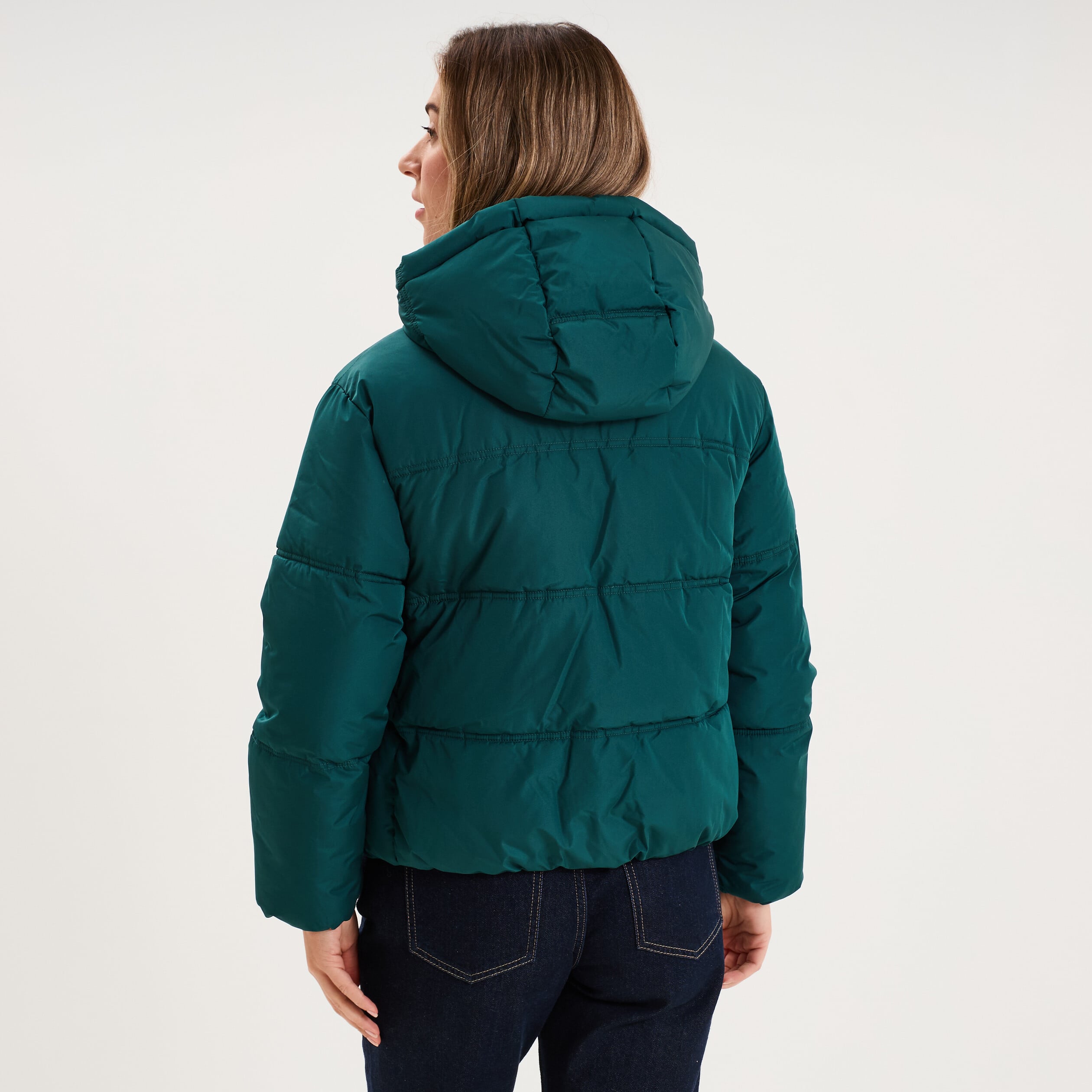 Doudoune courte droite doubl&eacute;e &agrave; capuche vert fonc&eacute; femme