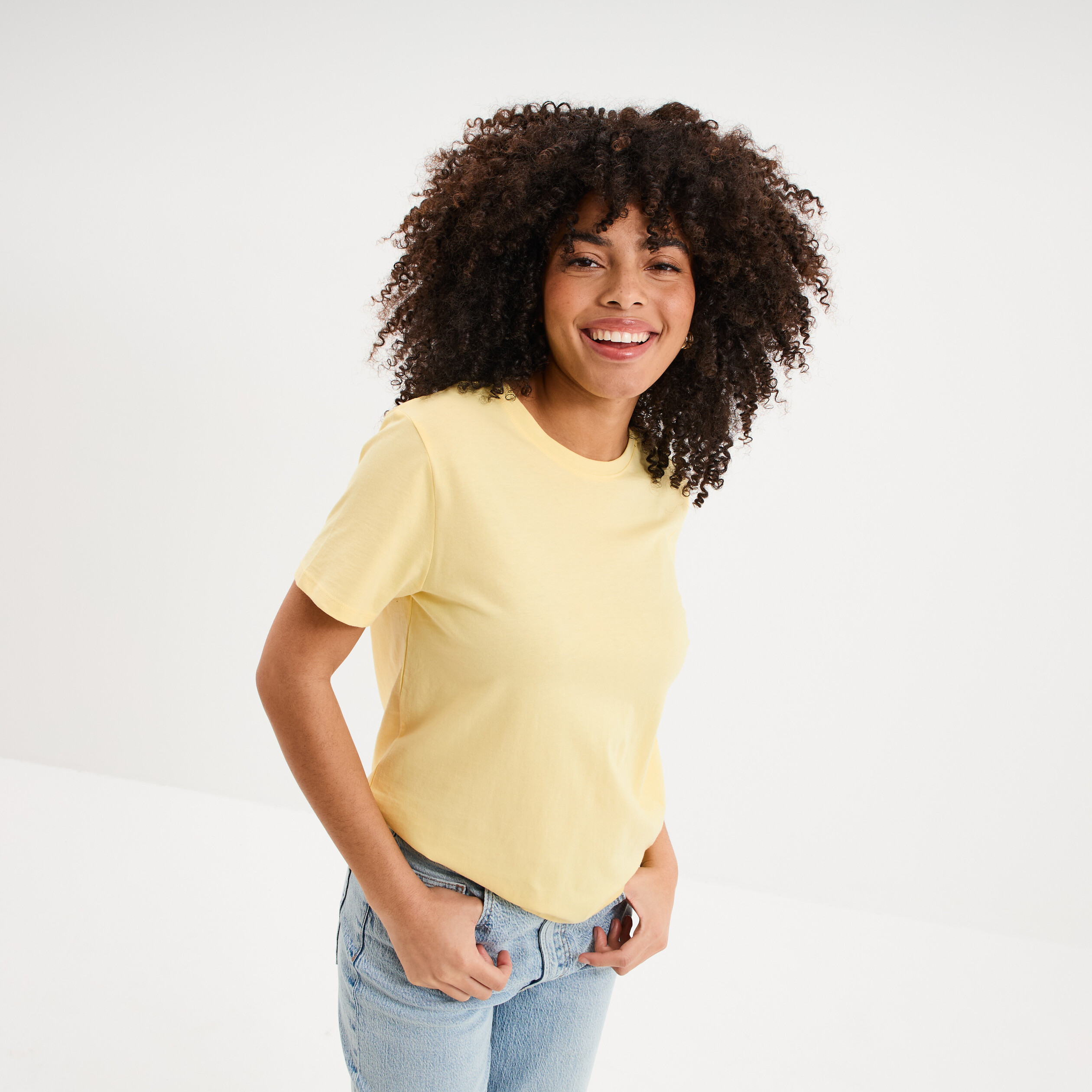 T-shirt col rond manches courtes coton jaune pastel femme