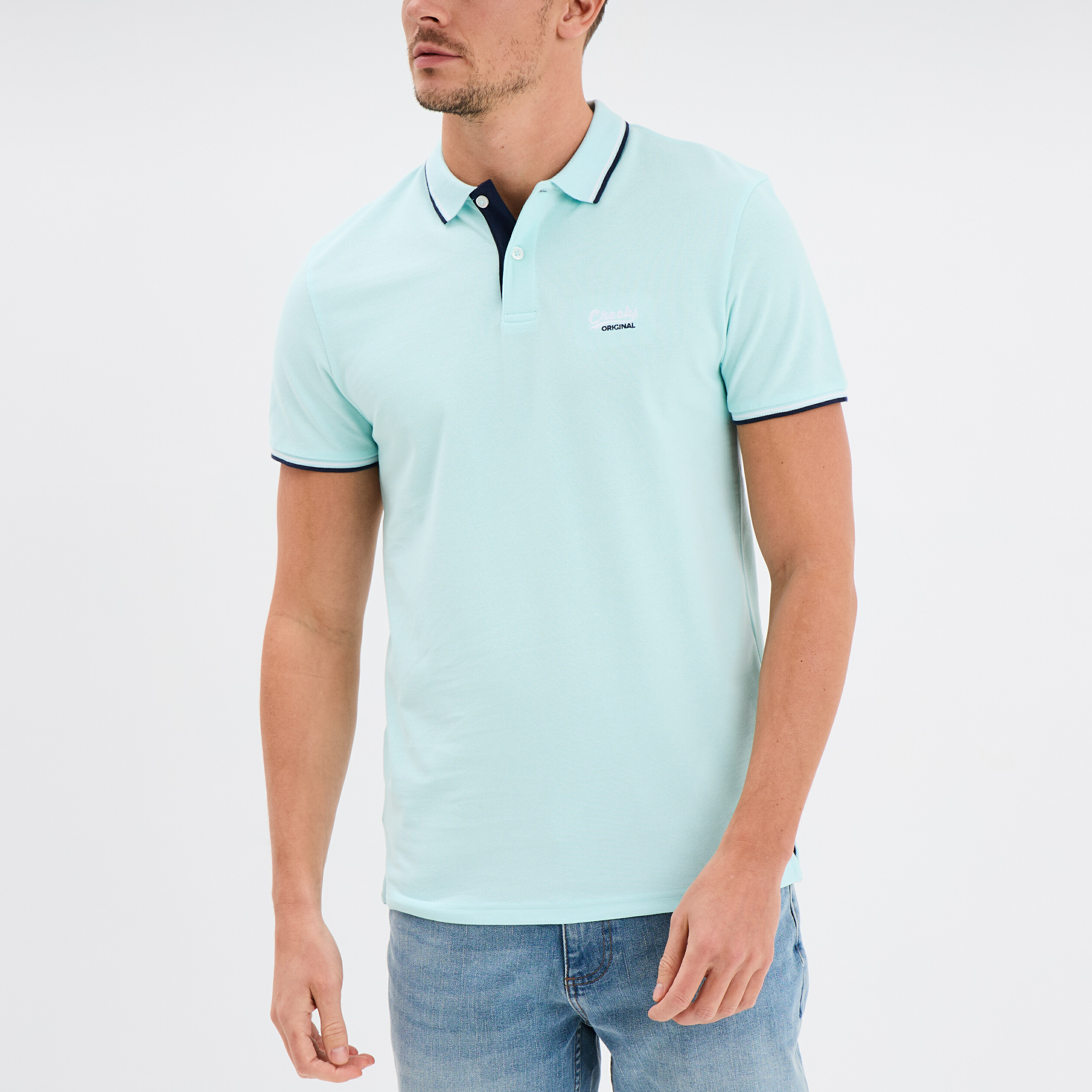 Polo avec broderie poitrine coton Creeks bleu turquoise homme