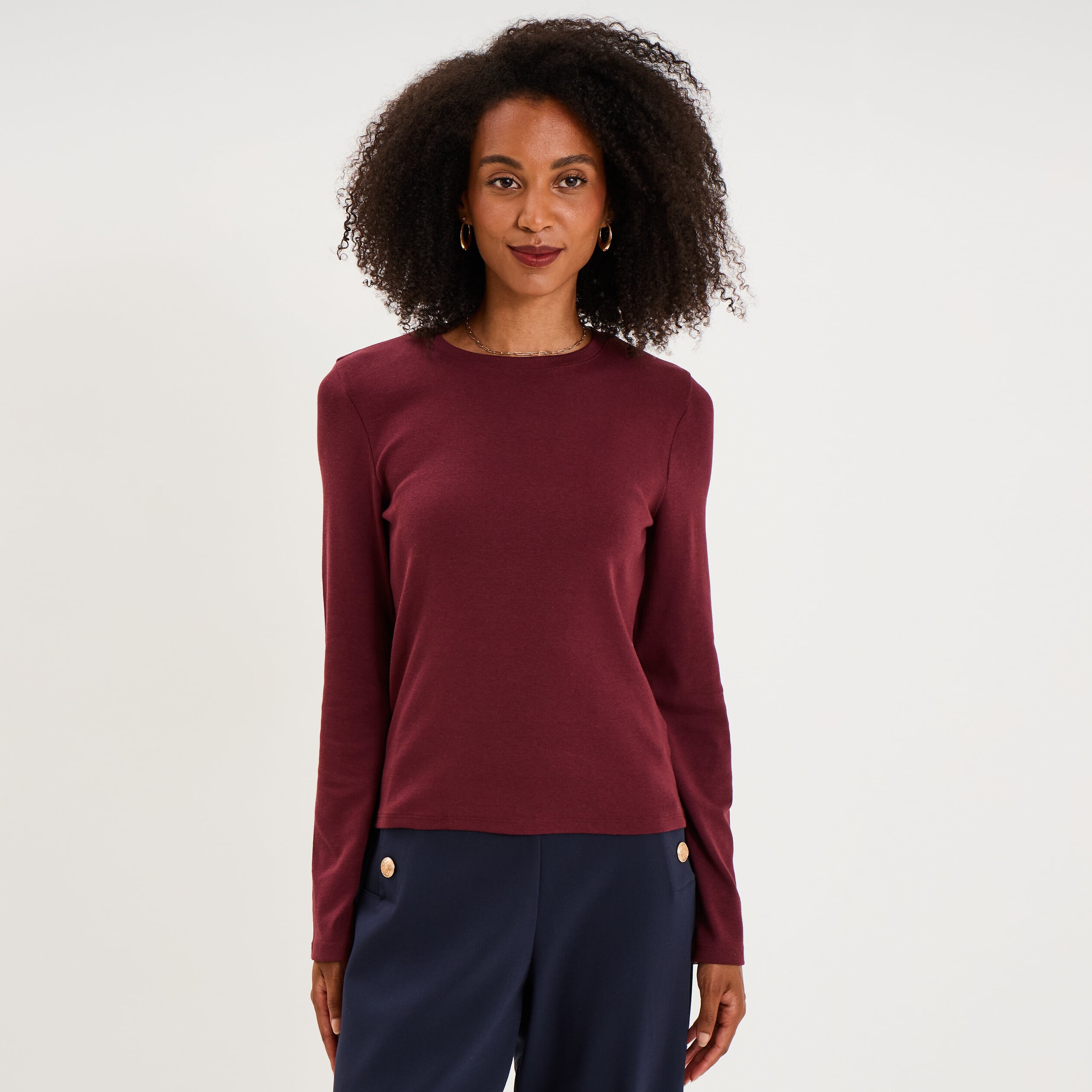 T-shirt manches longues col rond ajust&eacute; violet fonc&eacute; femme