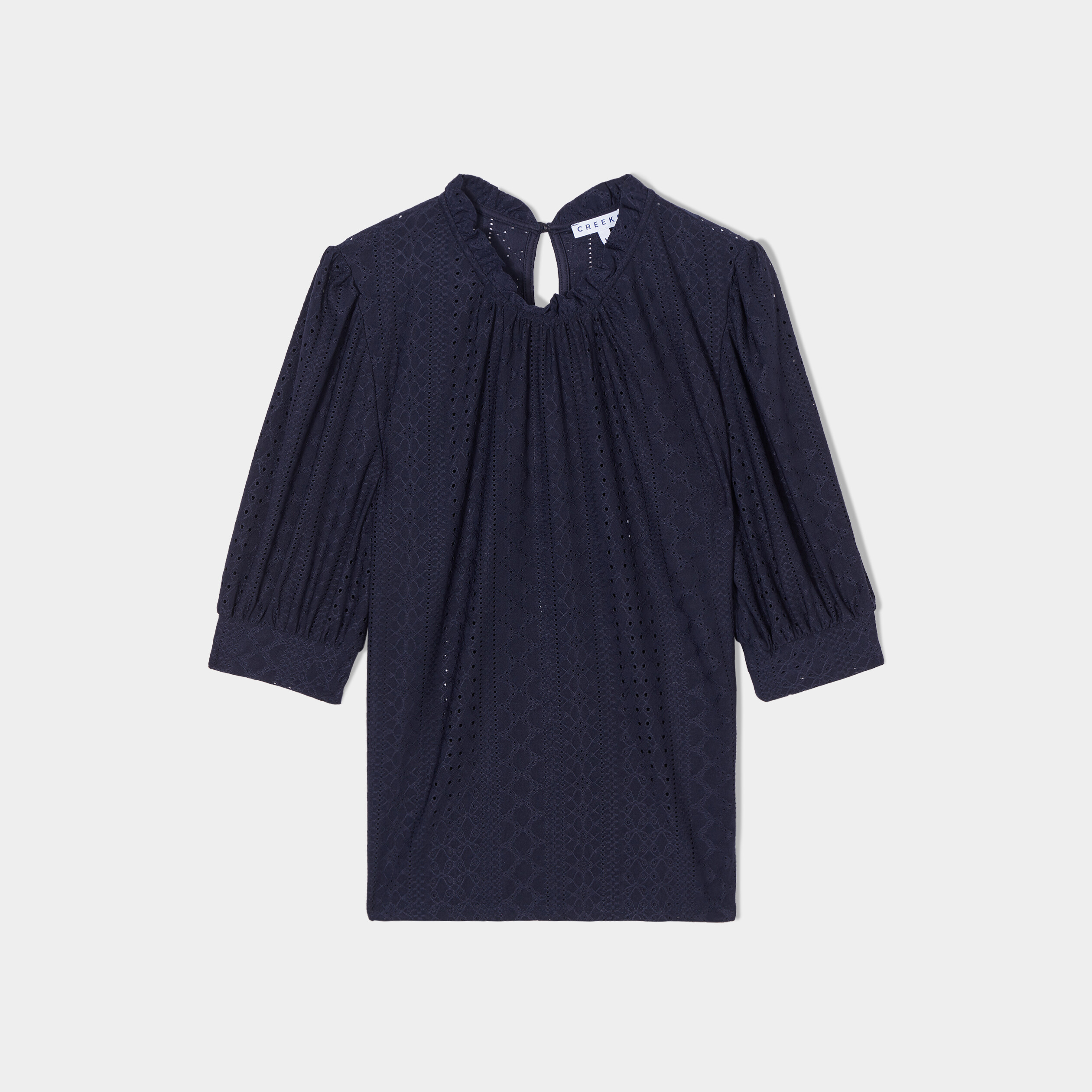 t shirt brode col montant manches 34 bleu marine femme T-shirt brodé col montant manches 3/4 bleu marine femme