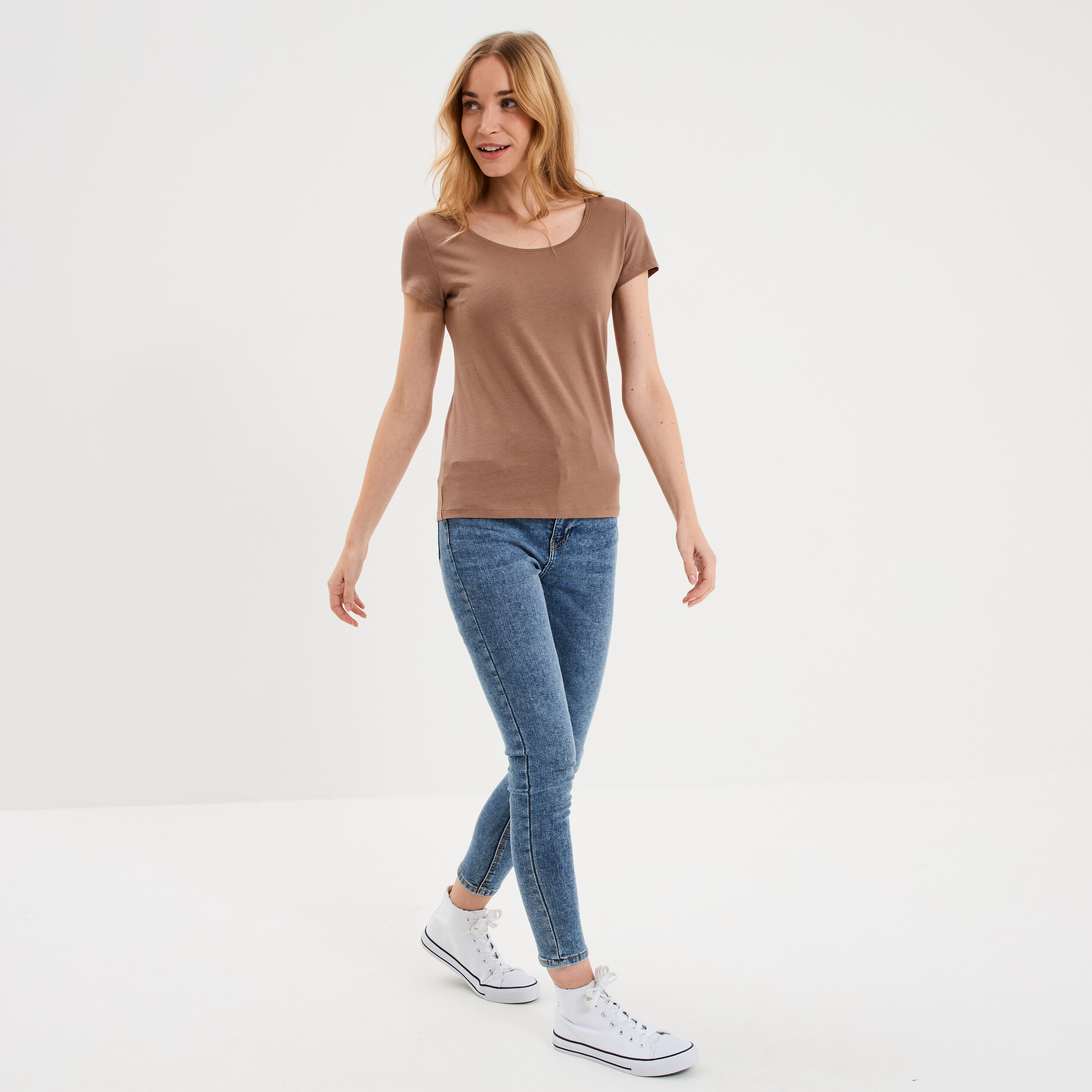 T-shirt coton col rond manches courtes marron clair femme