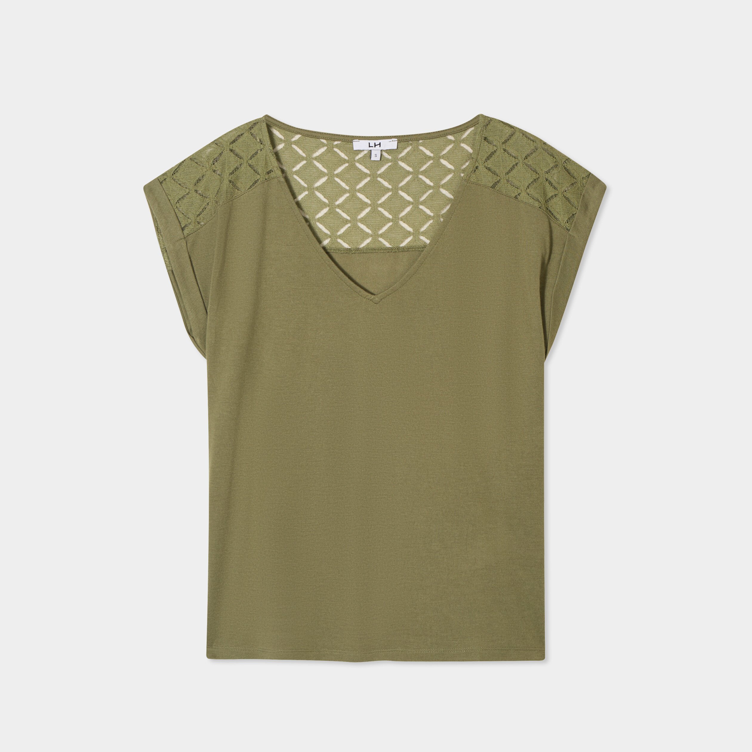 t shirt col en v dentelle epaules et dos vert kaki femme T-shirt col en V dentelle épaules et dos vert kaki femme