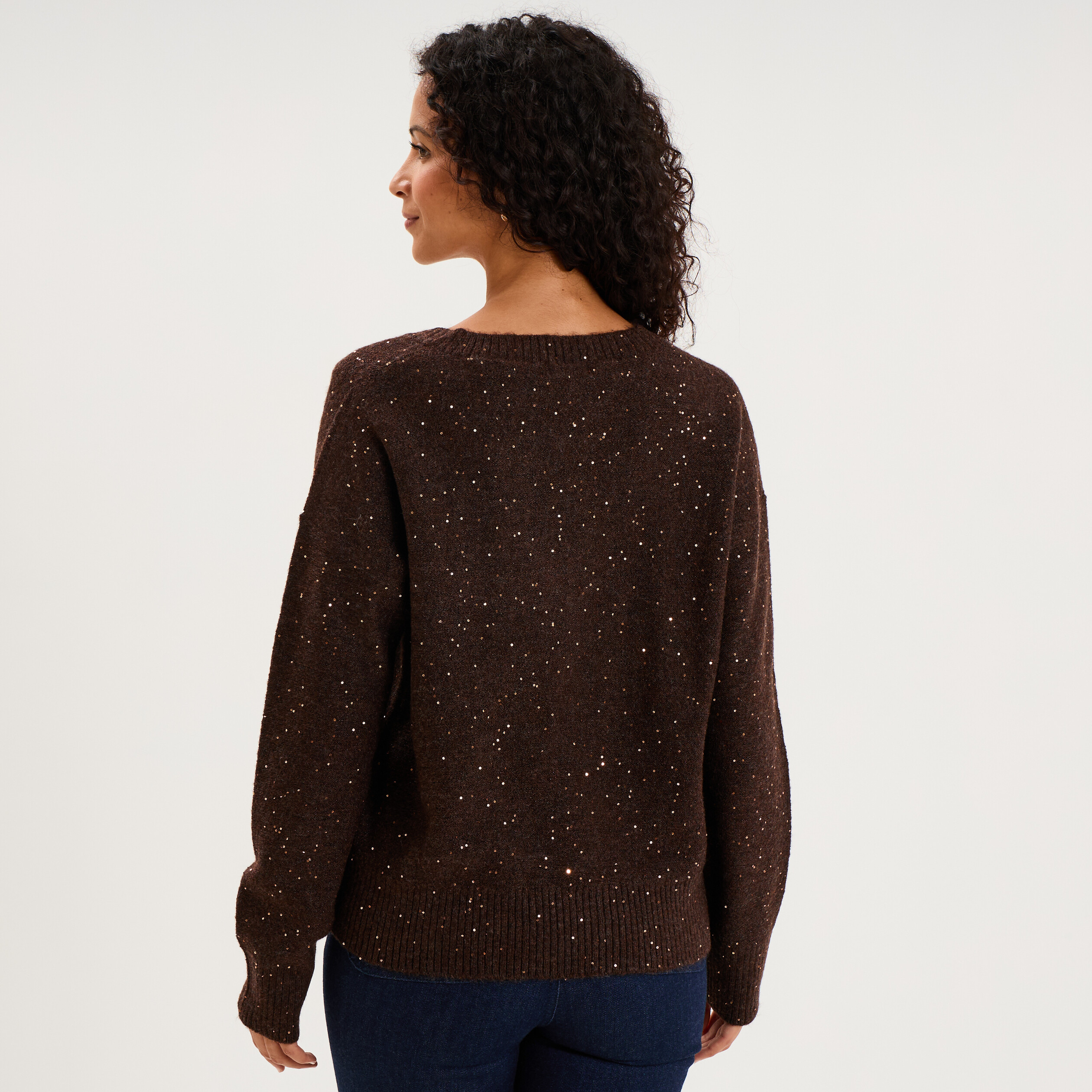 Pull droit &agrave; sequins et col en V marron fonc&eacute; femme