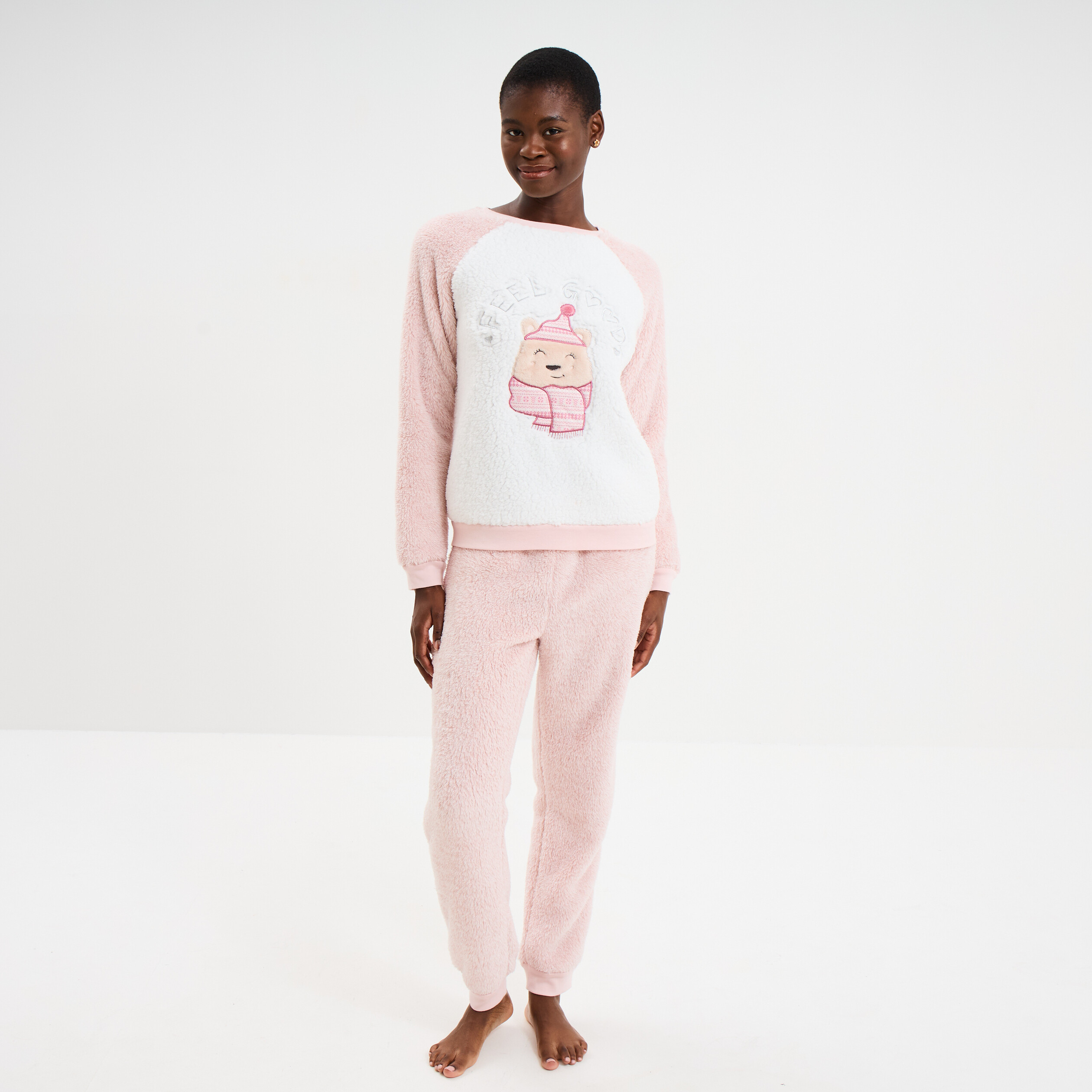 Ensemble pyjama effet polaire 2 pi&egrave;ces rose femme