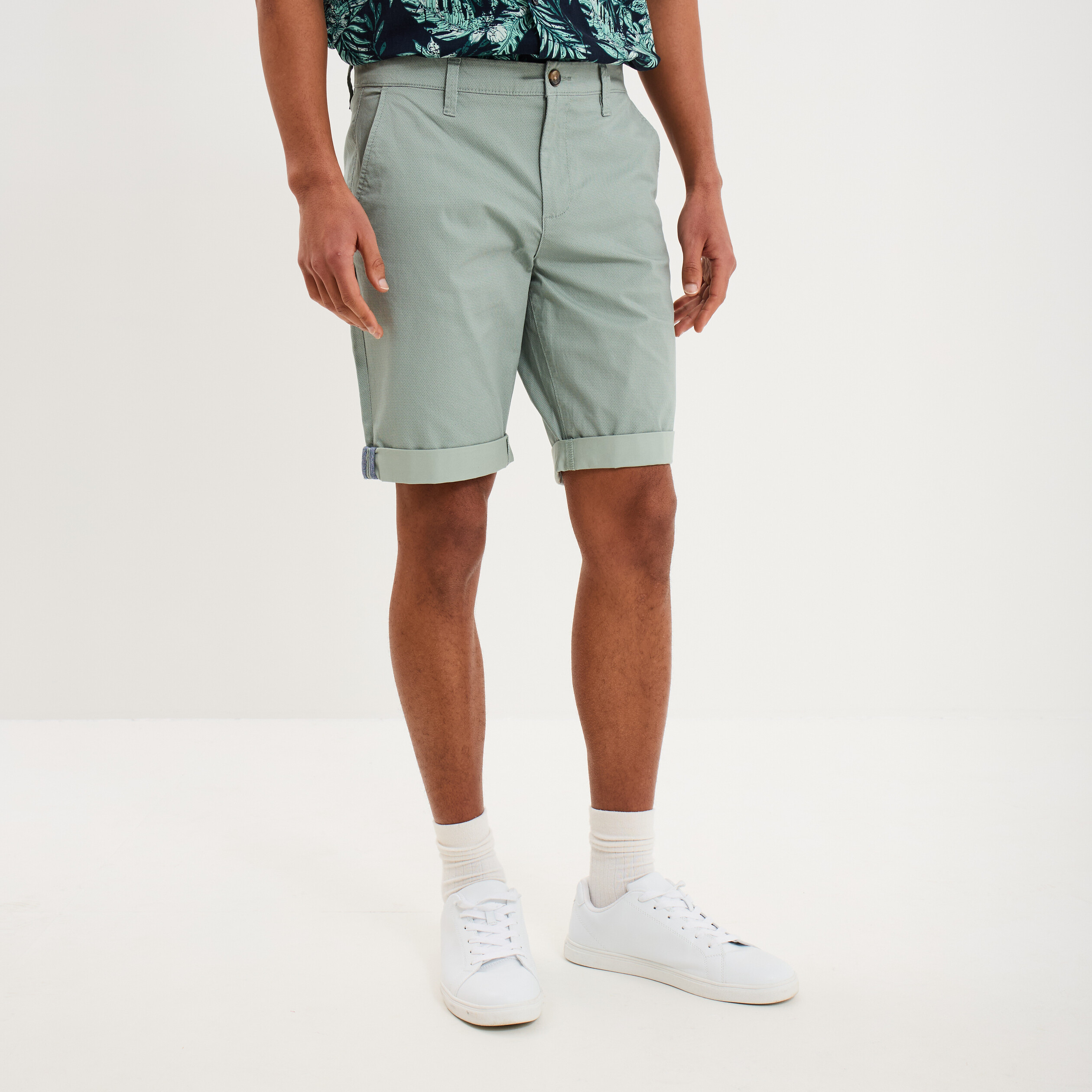 Bermuda short chino droit coton stretch vert olive homme