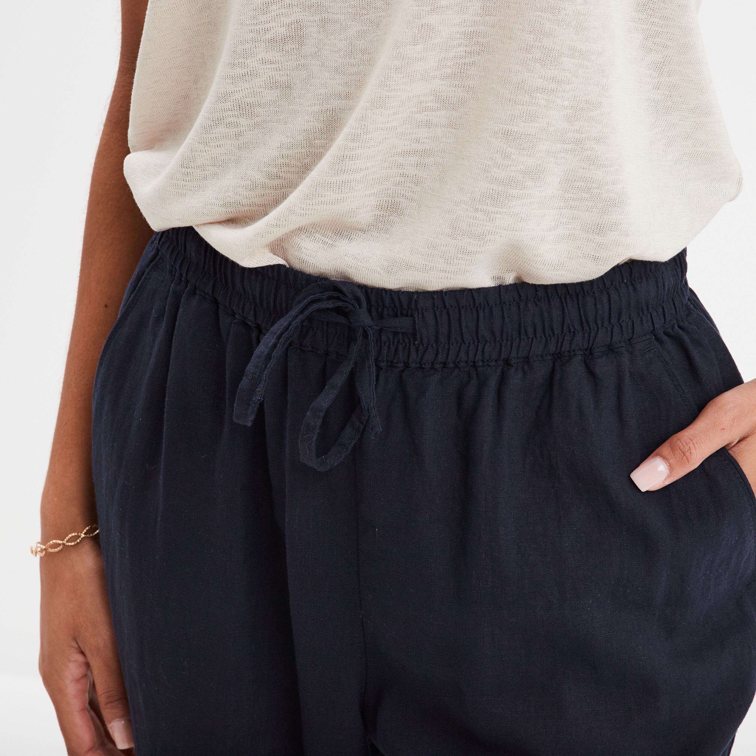 Pantalon droit 7/8&egrave;me lin m&eacute;lang&eacute; bleu fonc&eacute; femme