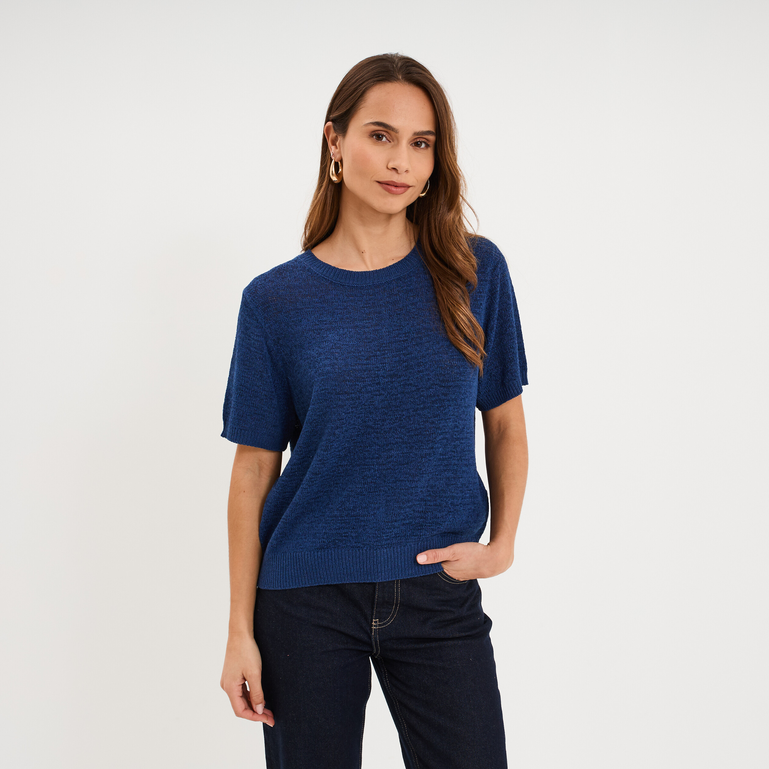 Pull manches courtes col rond bleu marine femme