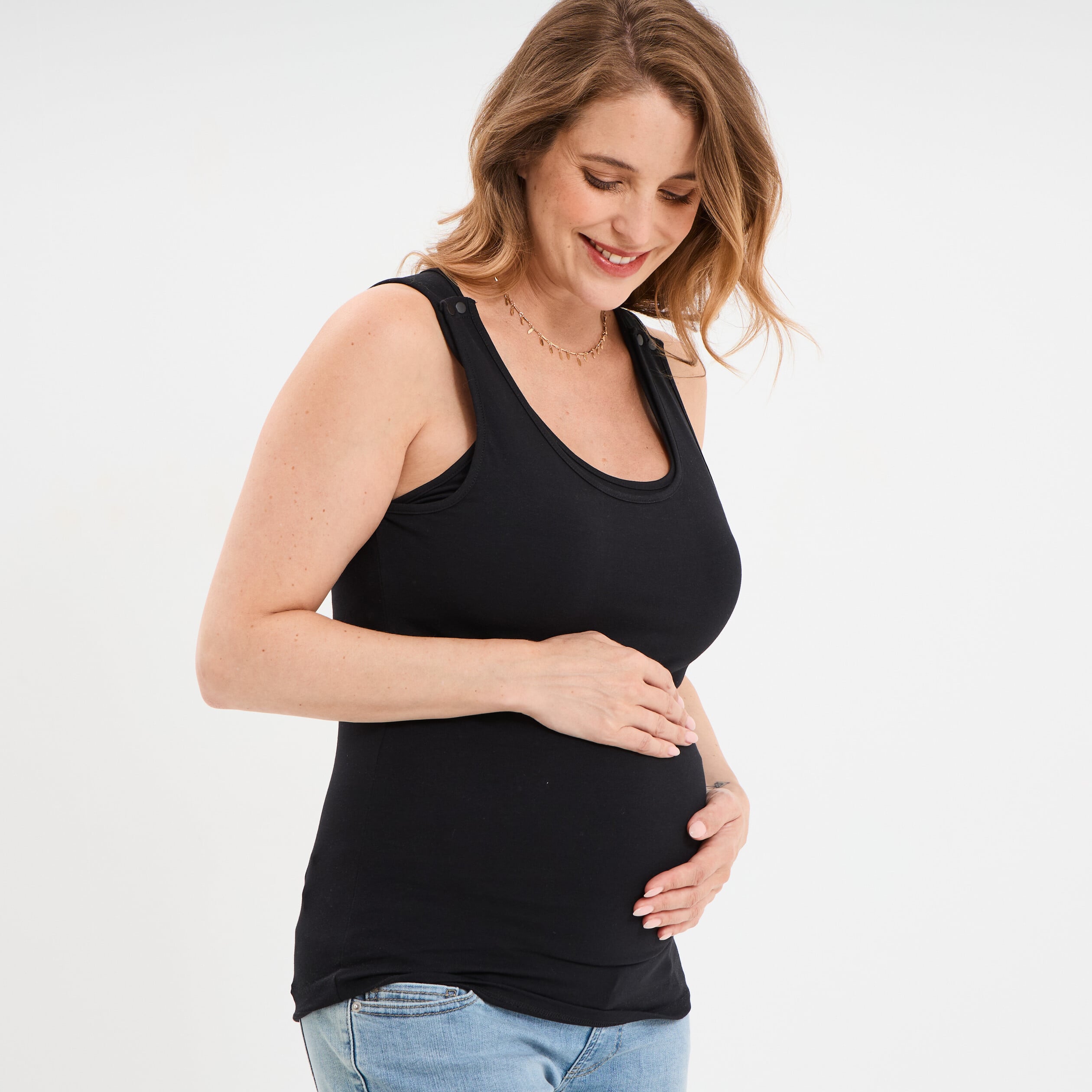 D&eacute;bardeur allaitement col rond stretch noir femme maternit&eacute;