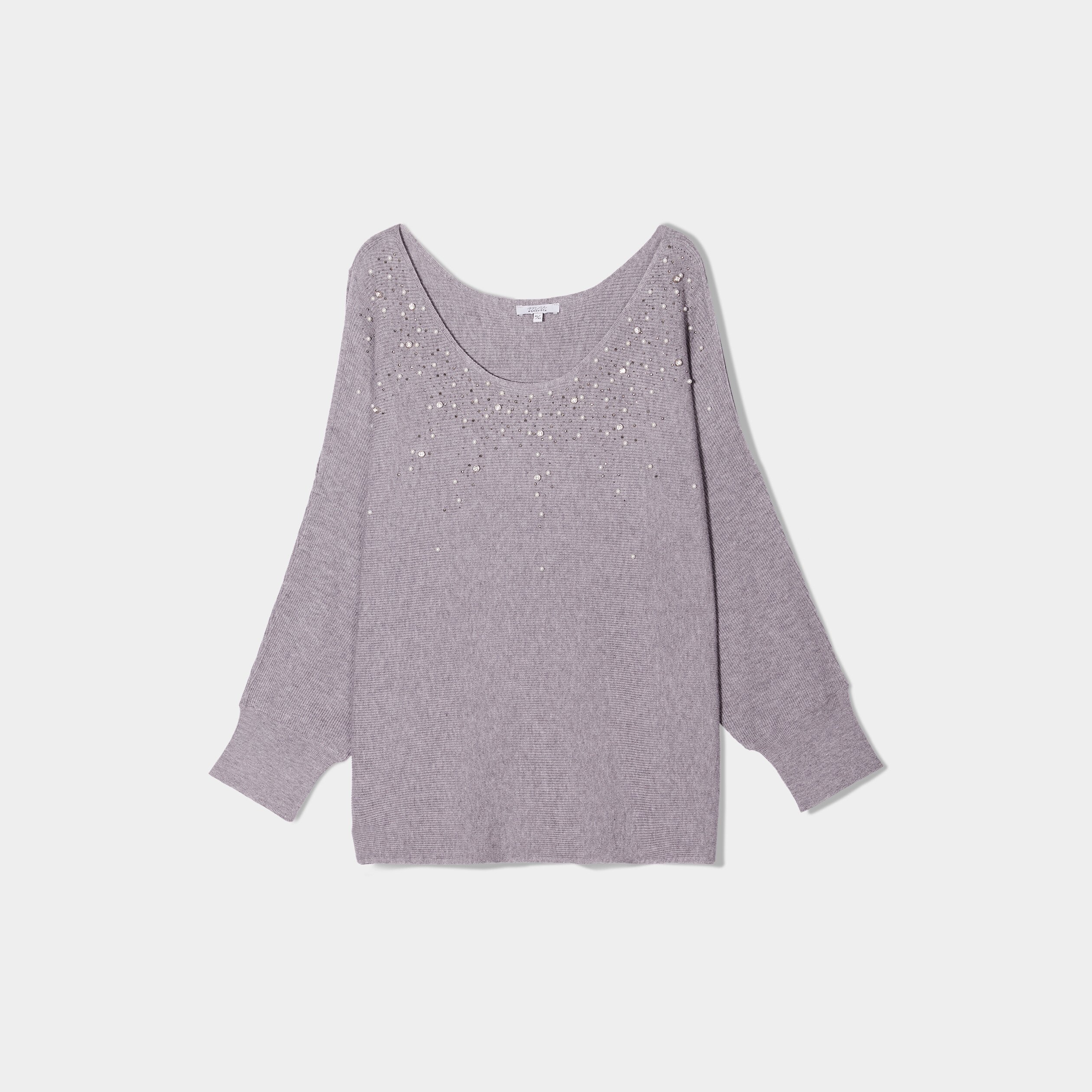 Pull perles strass manches avec fentes gris femme grande taille
