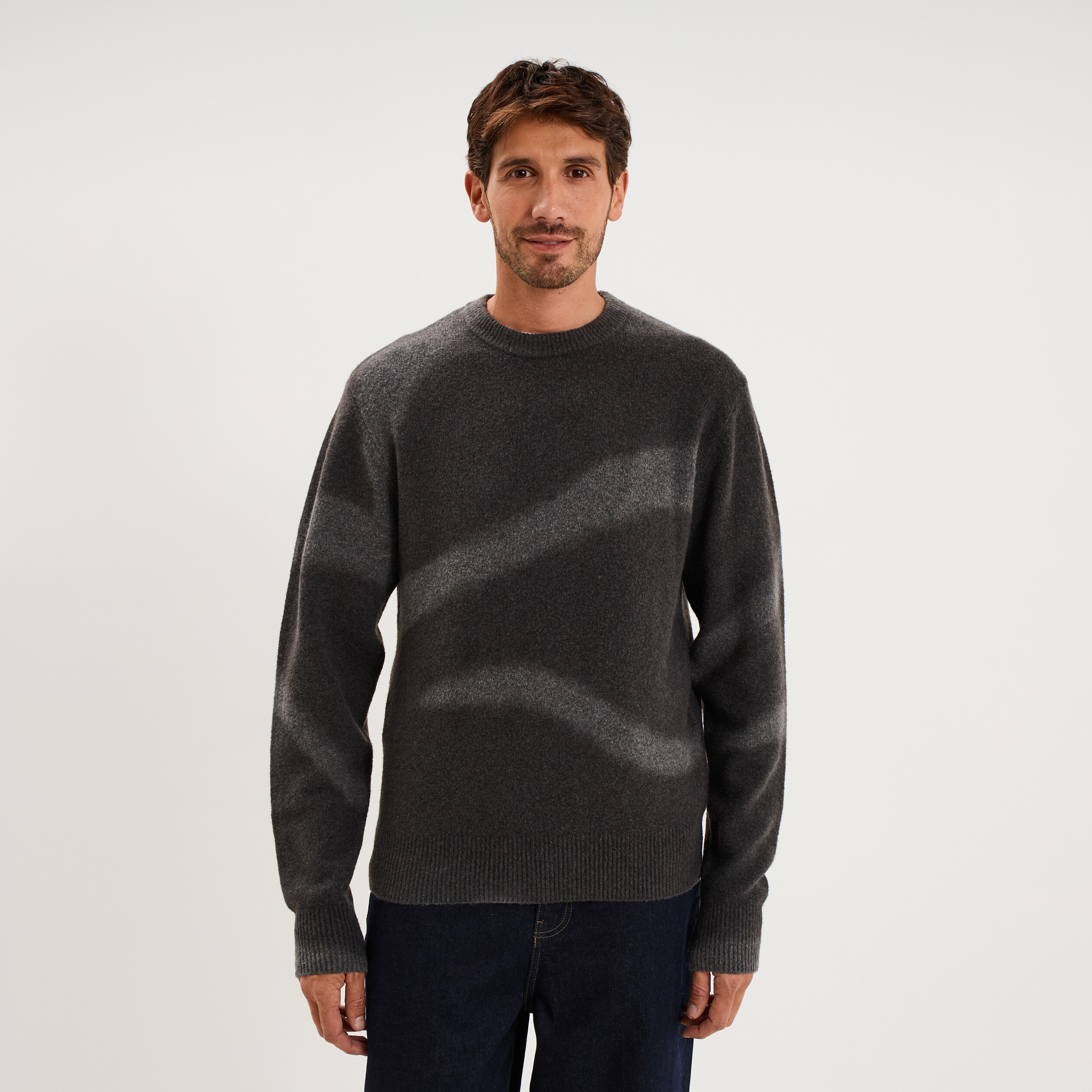 Pull col rond manches longues gris fonc&eacute; homme