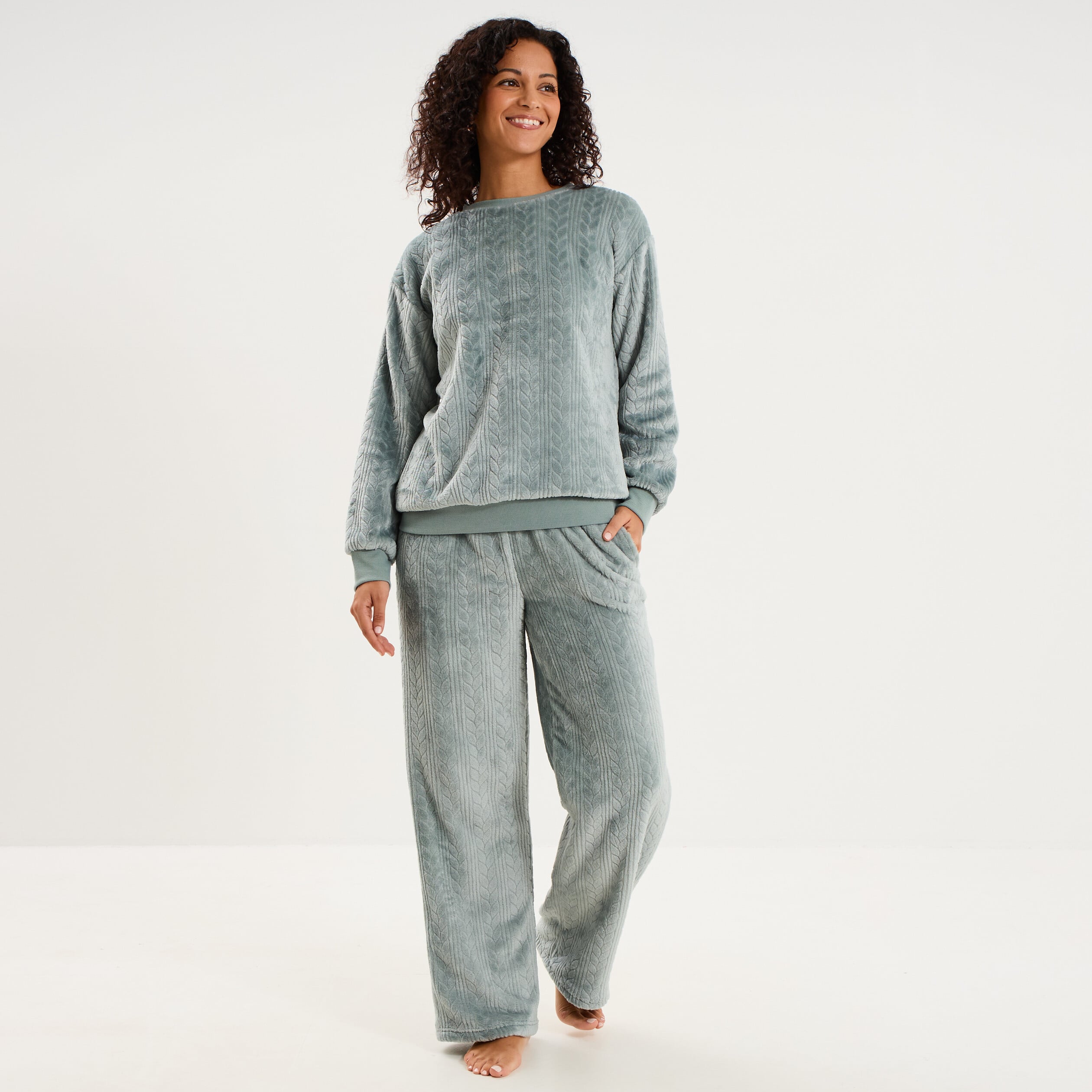 Pantalon effet polaire d&eacute;tails torsades bleu gris femme