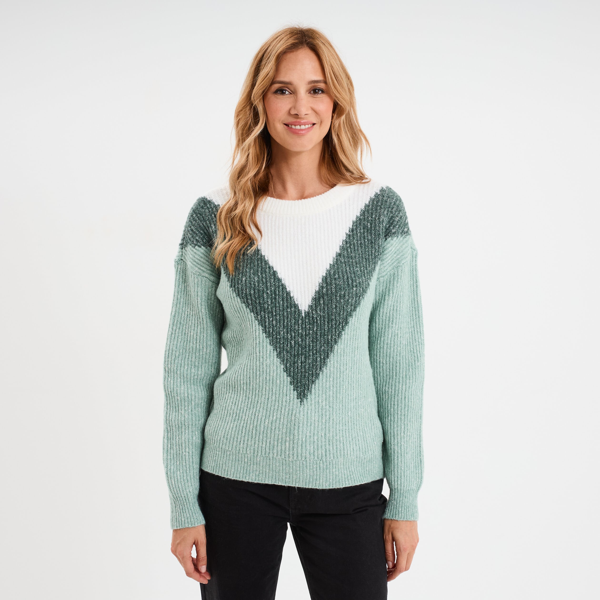 Pull manches longues col rond vert femme