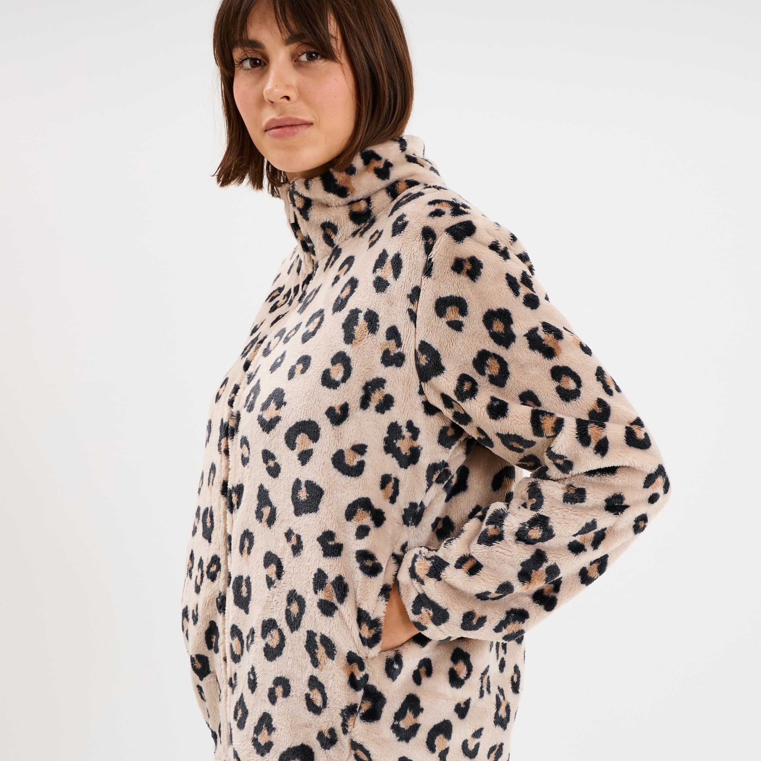 Veste de pyjama effet polaire zipp&eacute;e beige femme