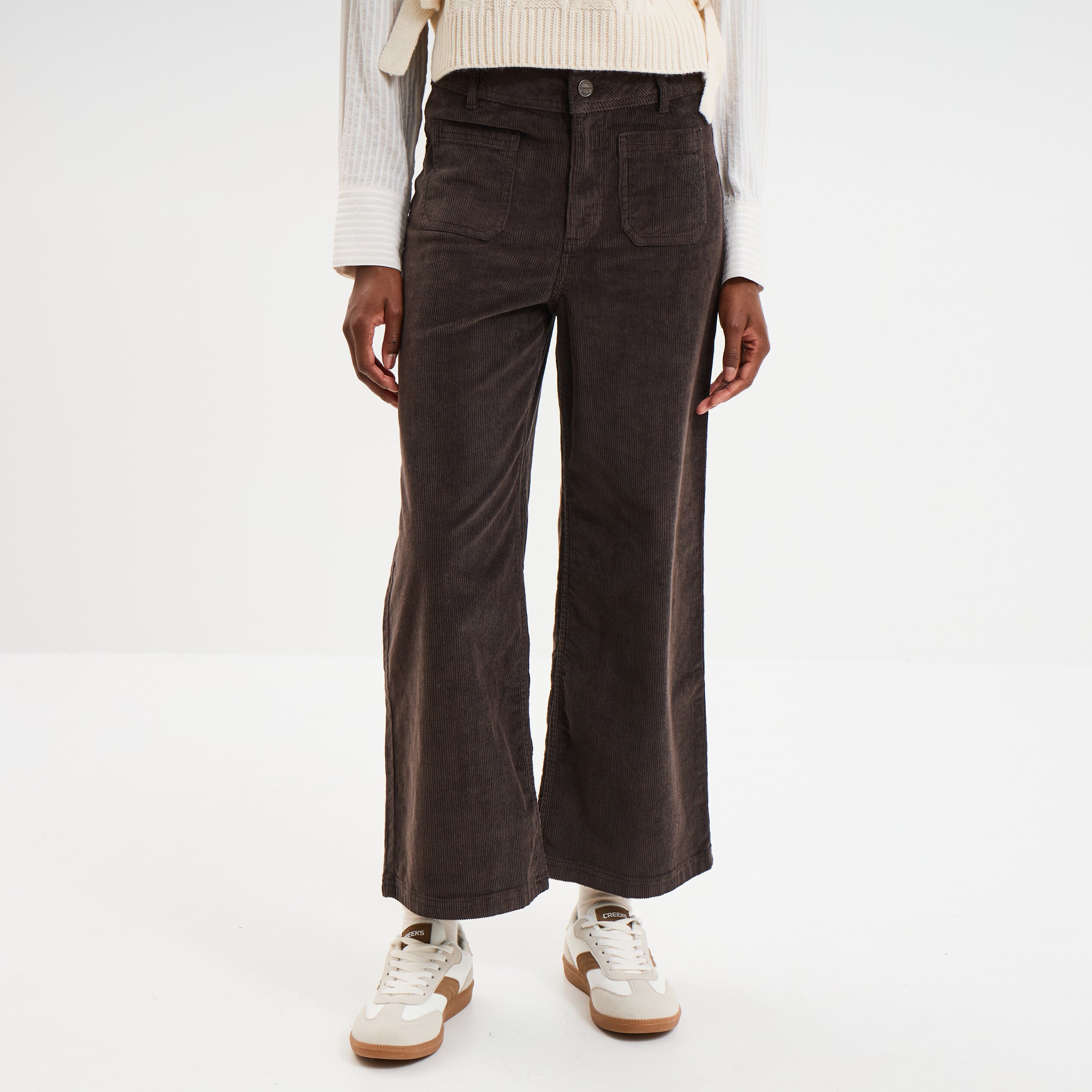 Pantalon effet velours flare 7/8&egrave;me marron fonc&eacute; femme