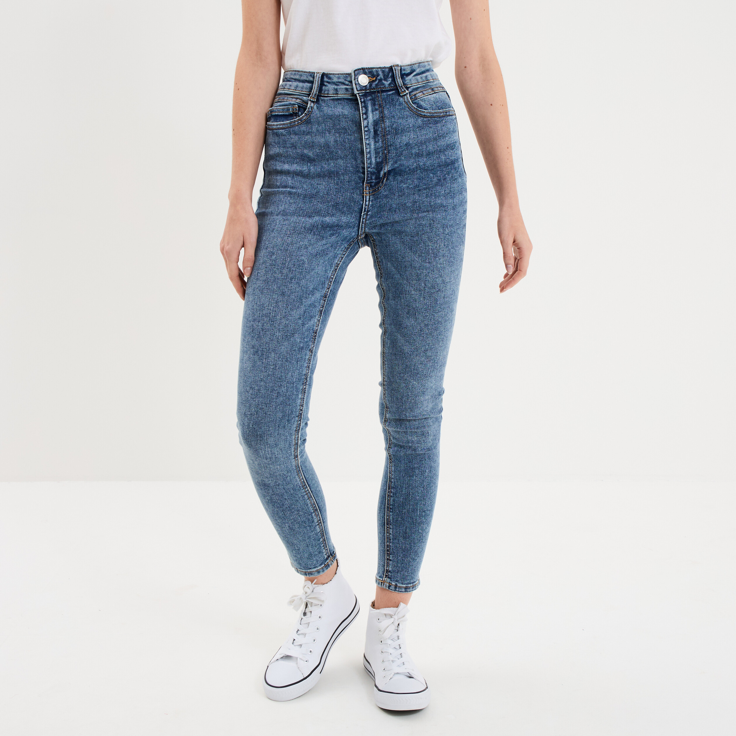 Jeans skinny taille haute cropped denim stone femme