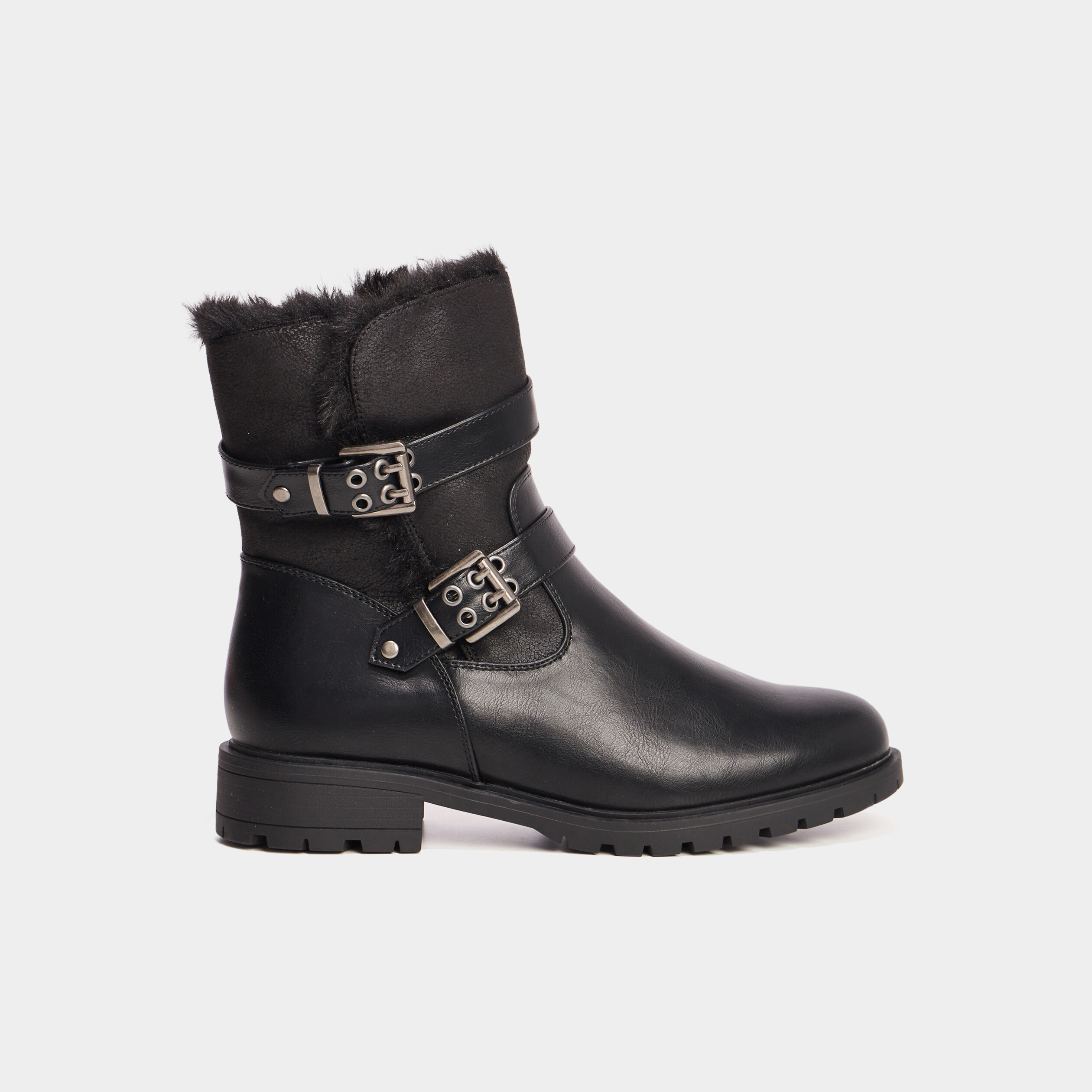 Boots motarde fourr&eacute;es avec boucles noir femme
