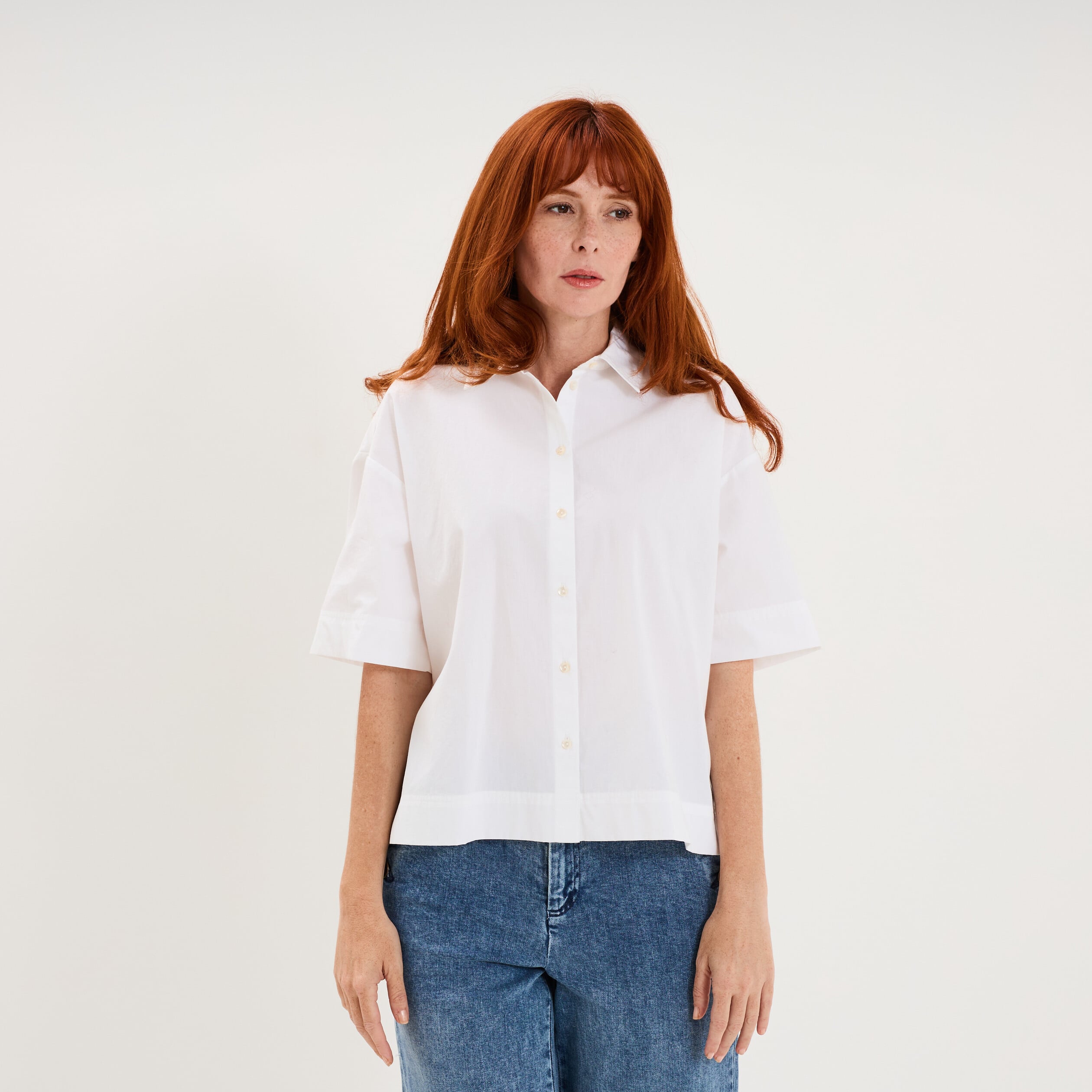 Chemise boxy manches coude boutonn&eacute;e blanc femme