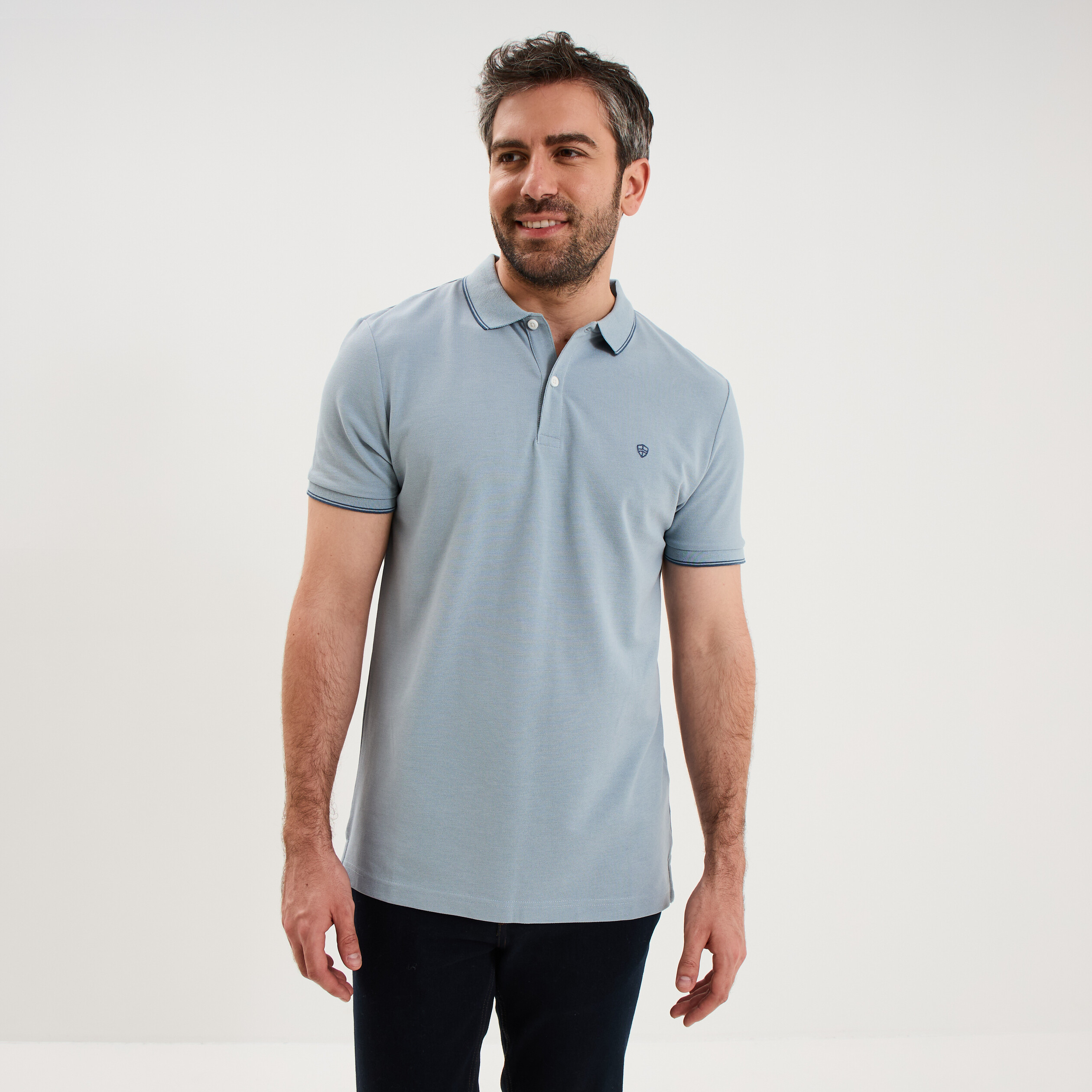Polo piqu&eacute; coton manches courtes bleu gris homme