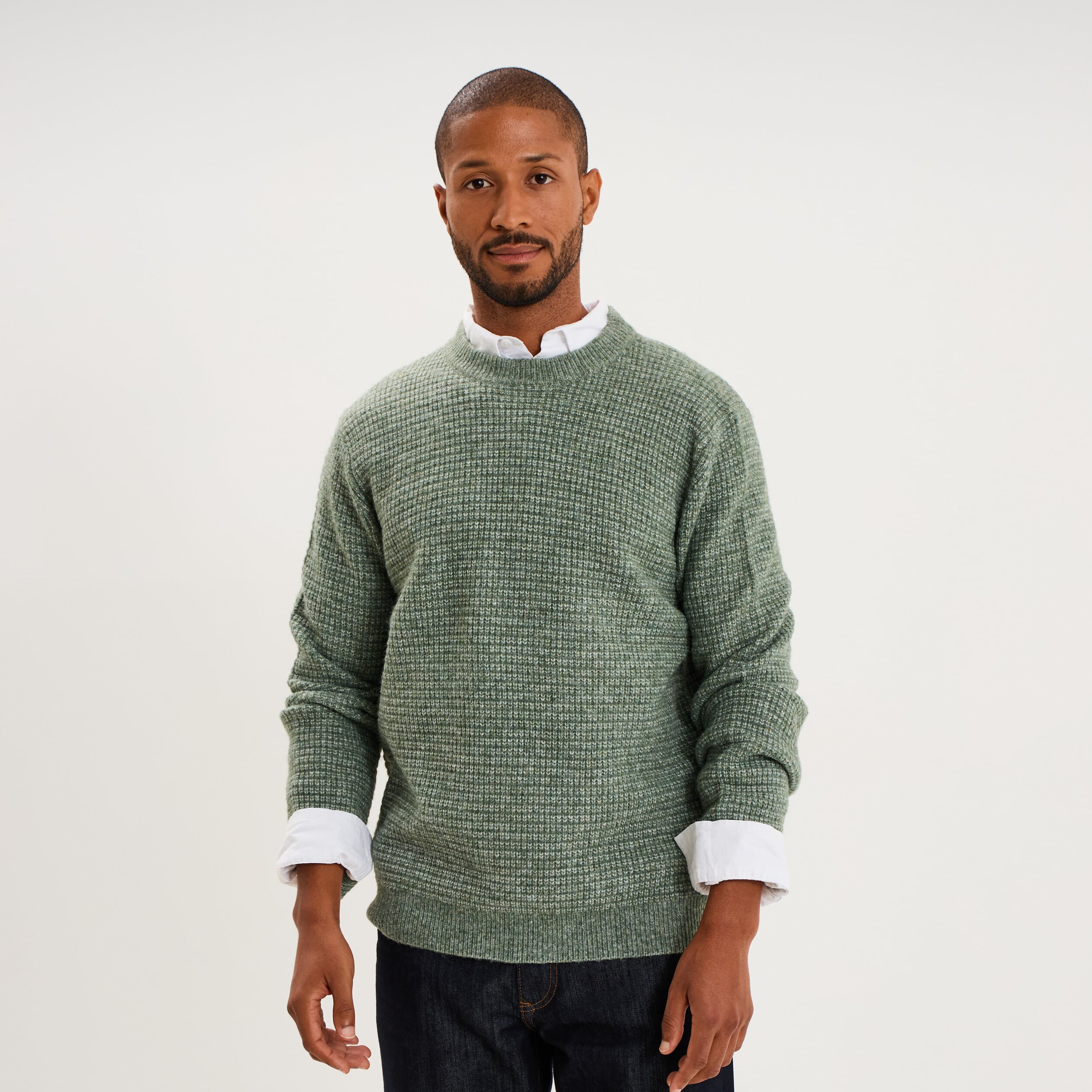 Pull col rond manches longues vert kaki homme