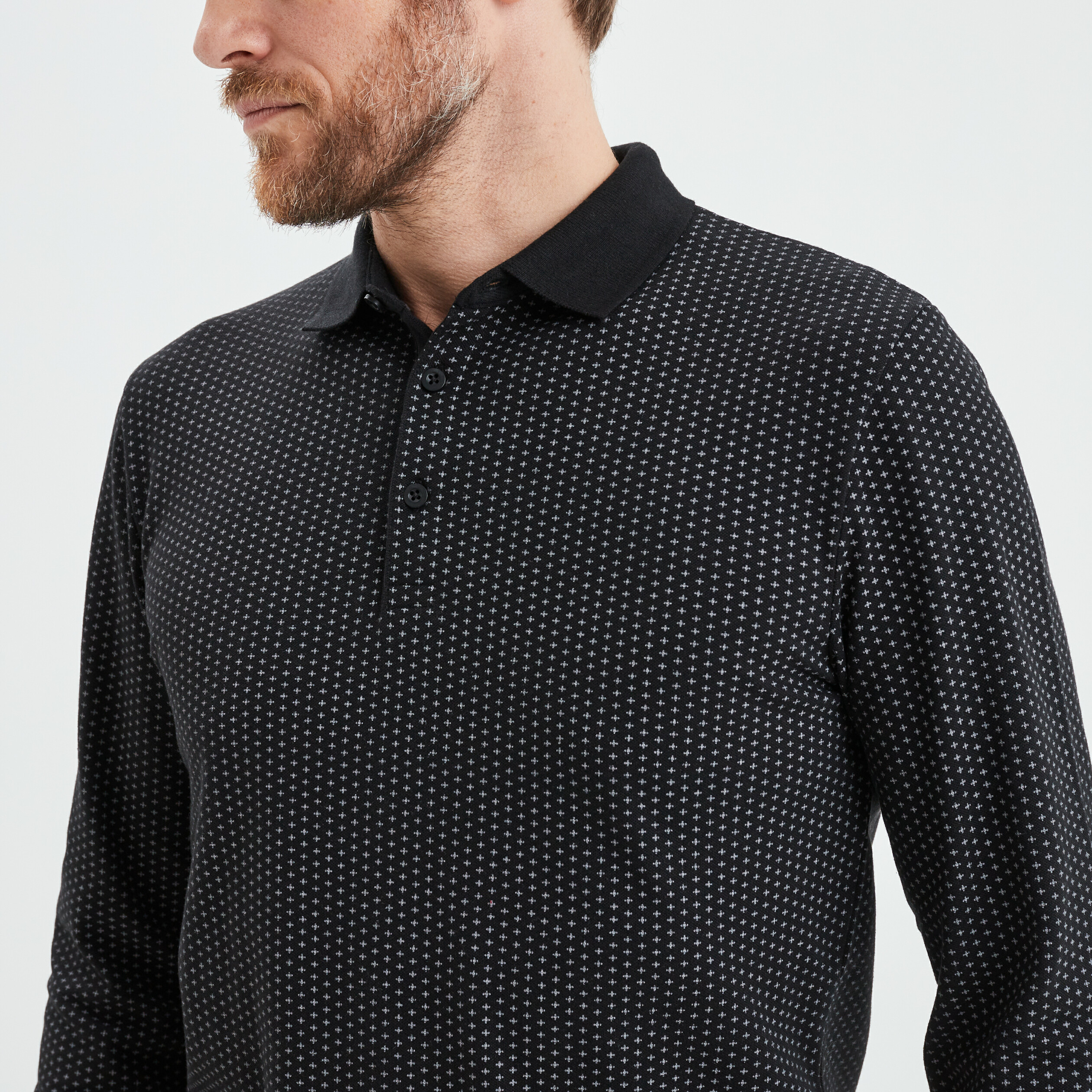 Polo manches longues encolure boutonnée noir homme