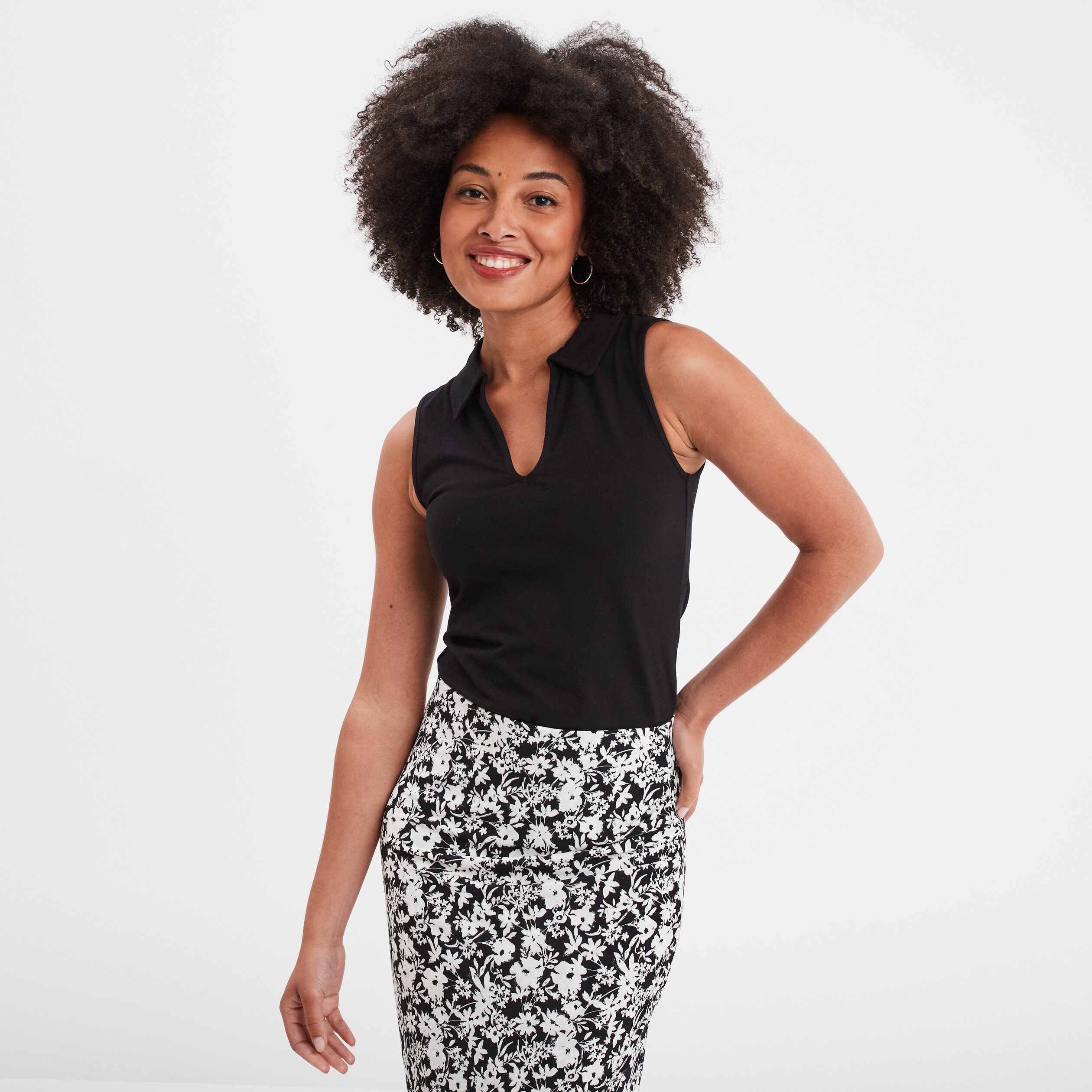 T-shirt coton sans manches col polo noir femme