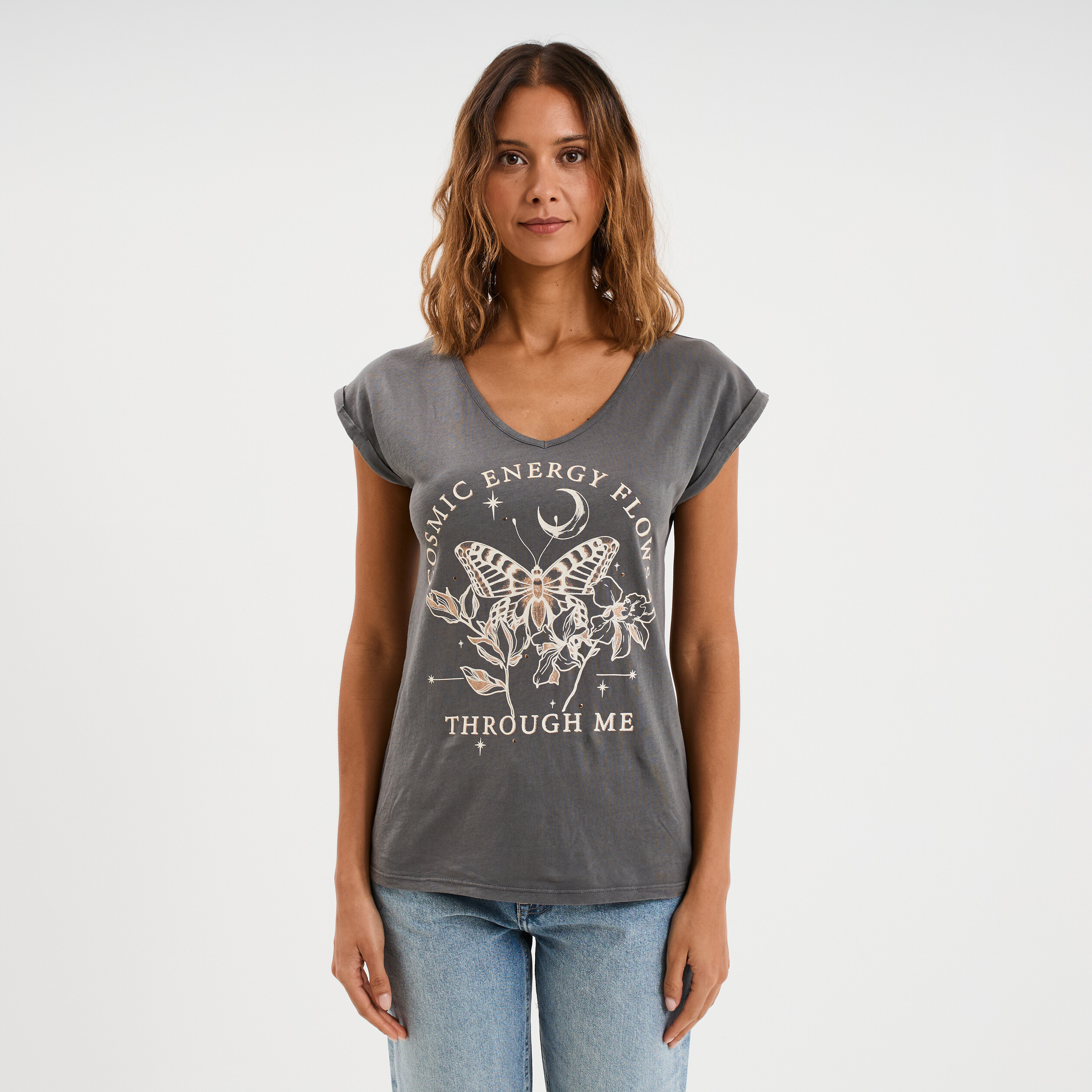 T-shirt coton col en V manches courtes gris anthracite femme