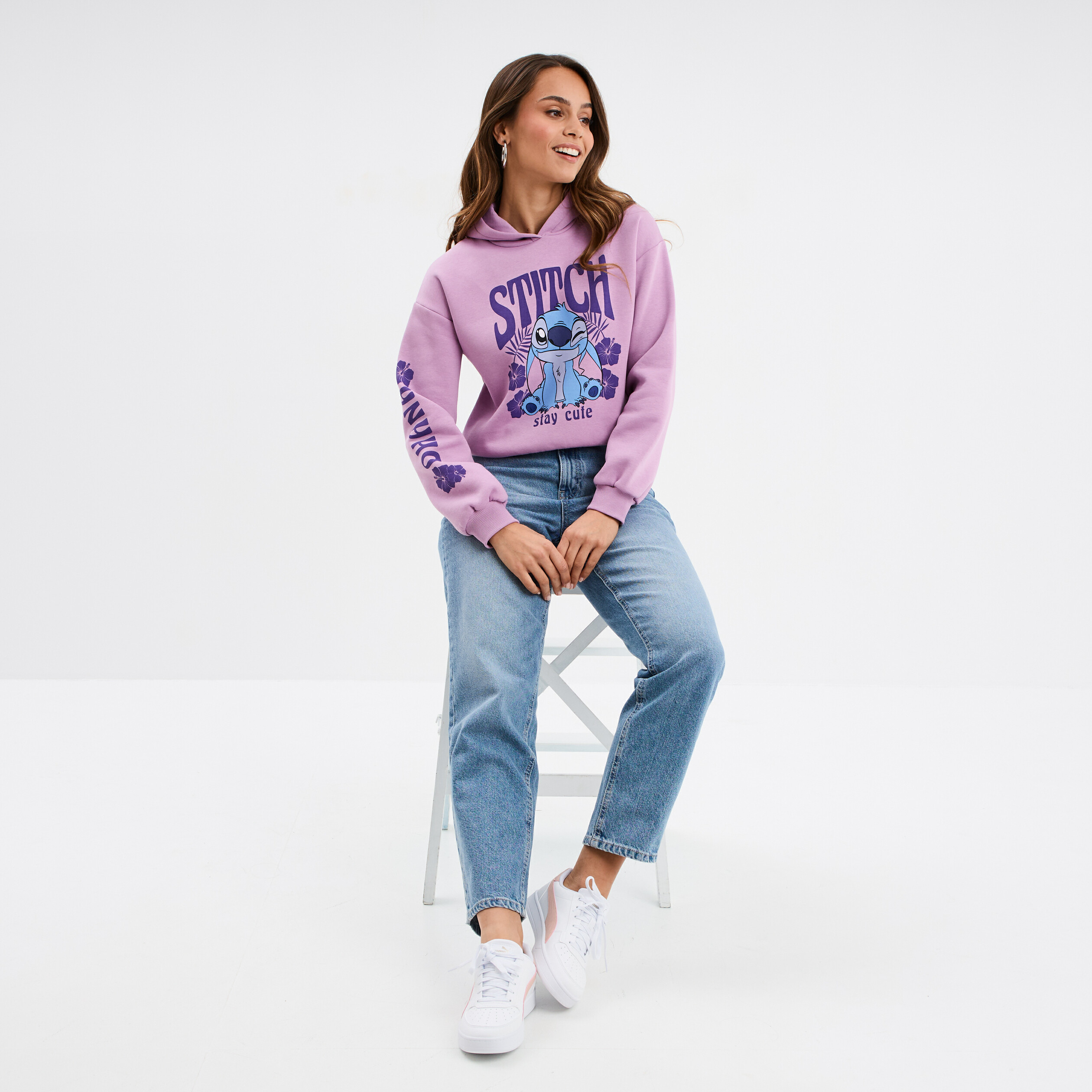 Sweat hoodie cropped &agrave; capuche Stitch parme femme