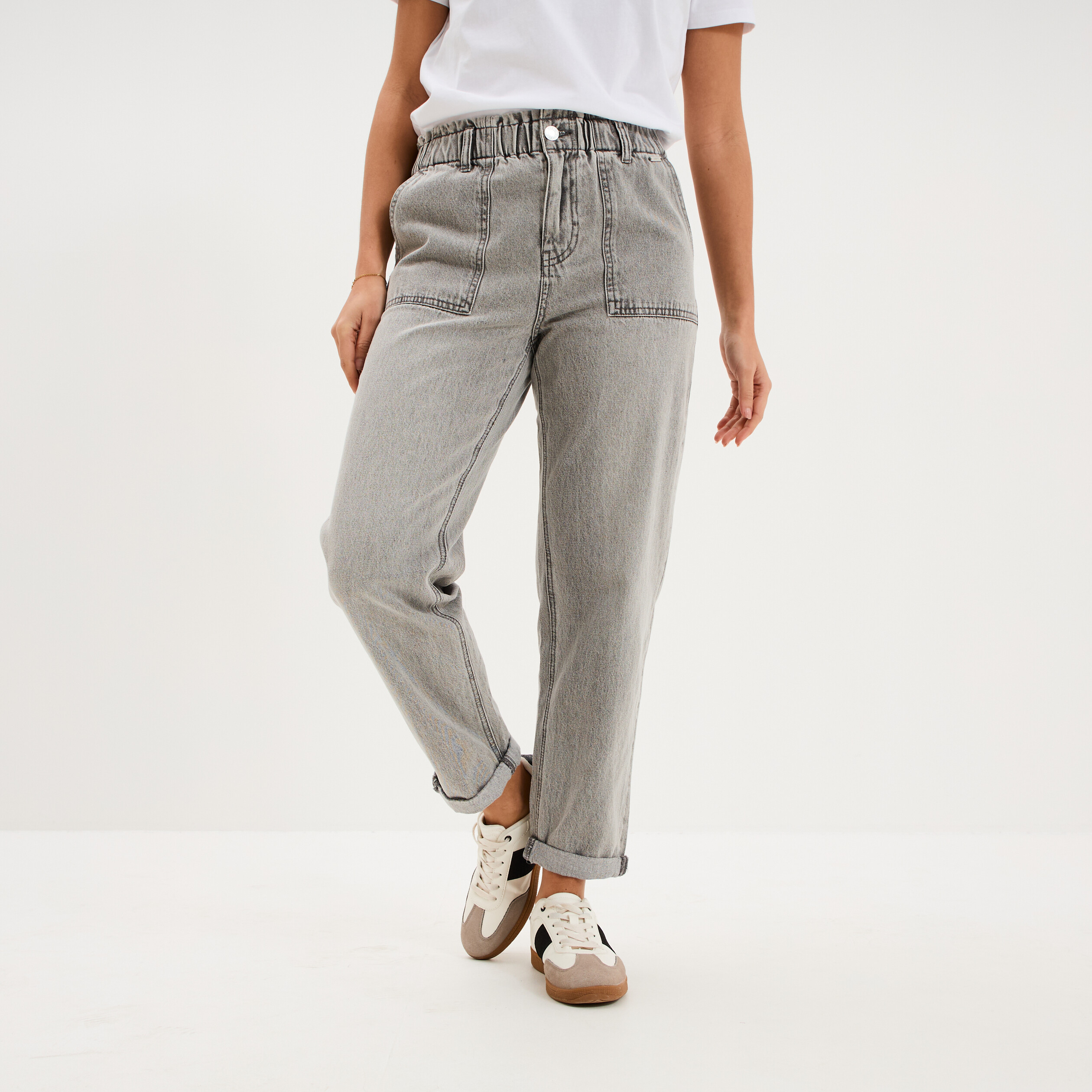 Jean paperbag cropped taille &eacute;lastiqu&eacute;e denim gris femme