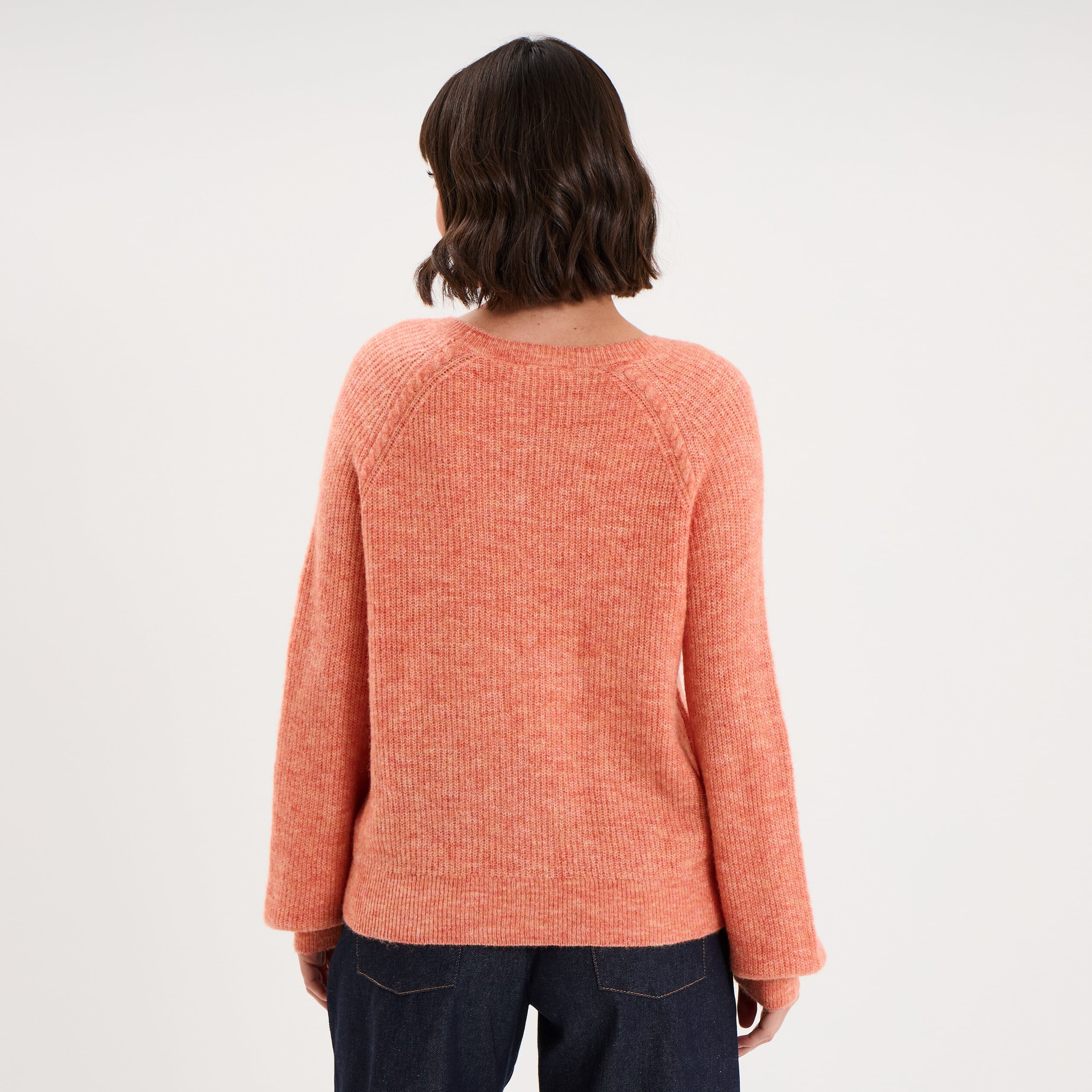 Pull col rond manches longues rose corail femme