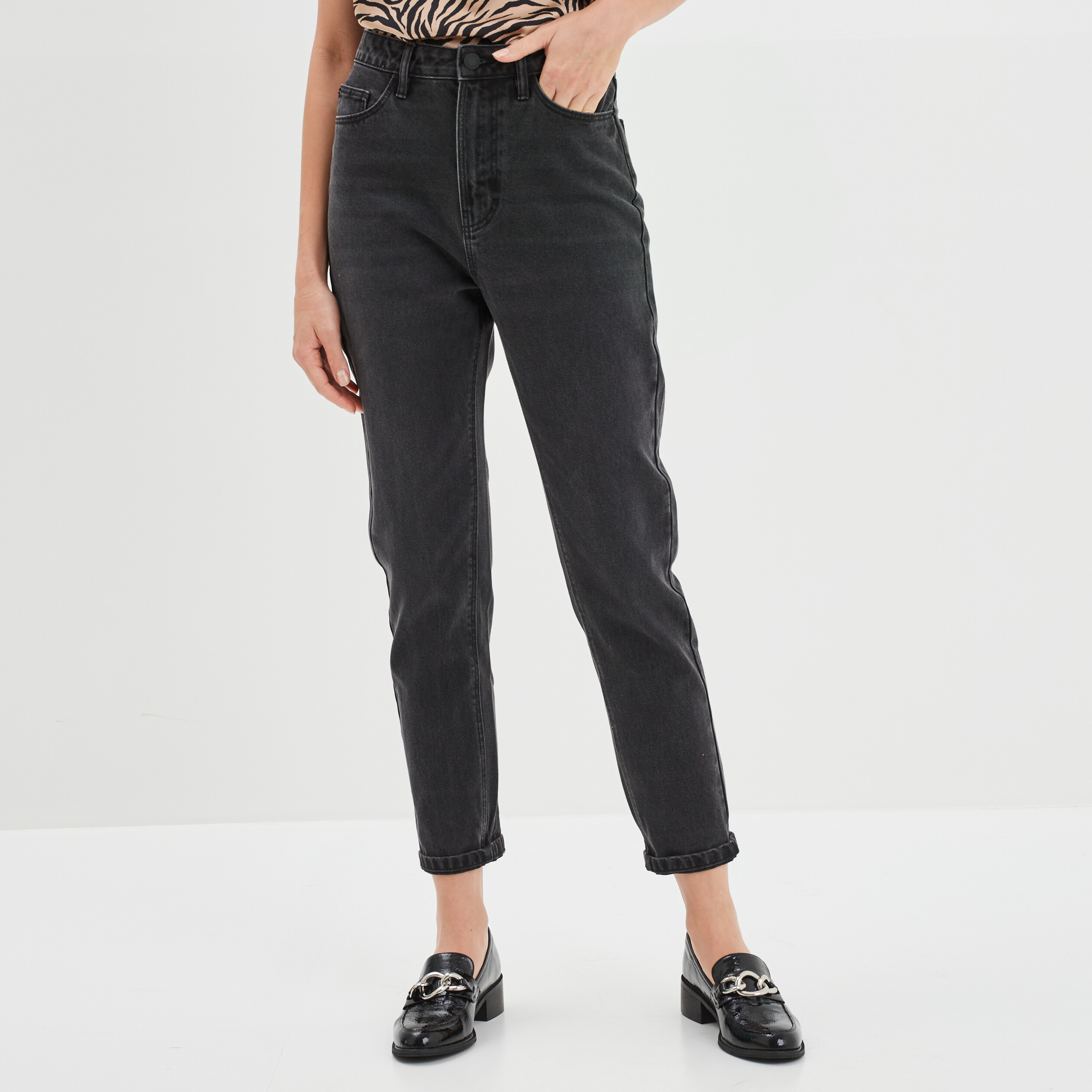 Jeans mom taille haute 7/8ème coton denim noir femme