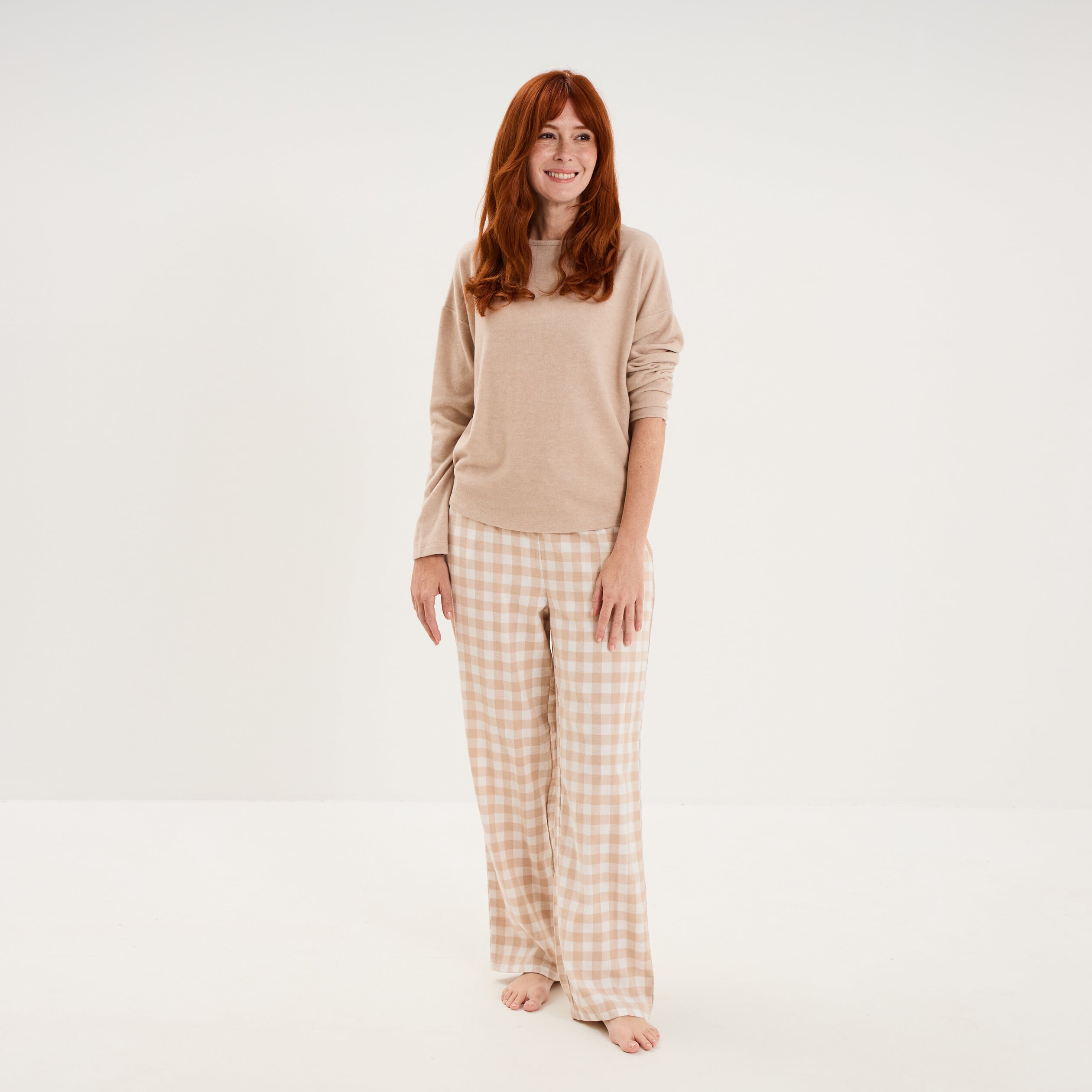 Pyjama pantalon manches longues beige clair femme