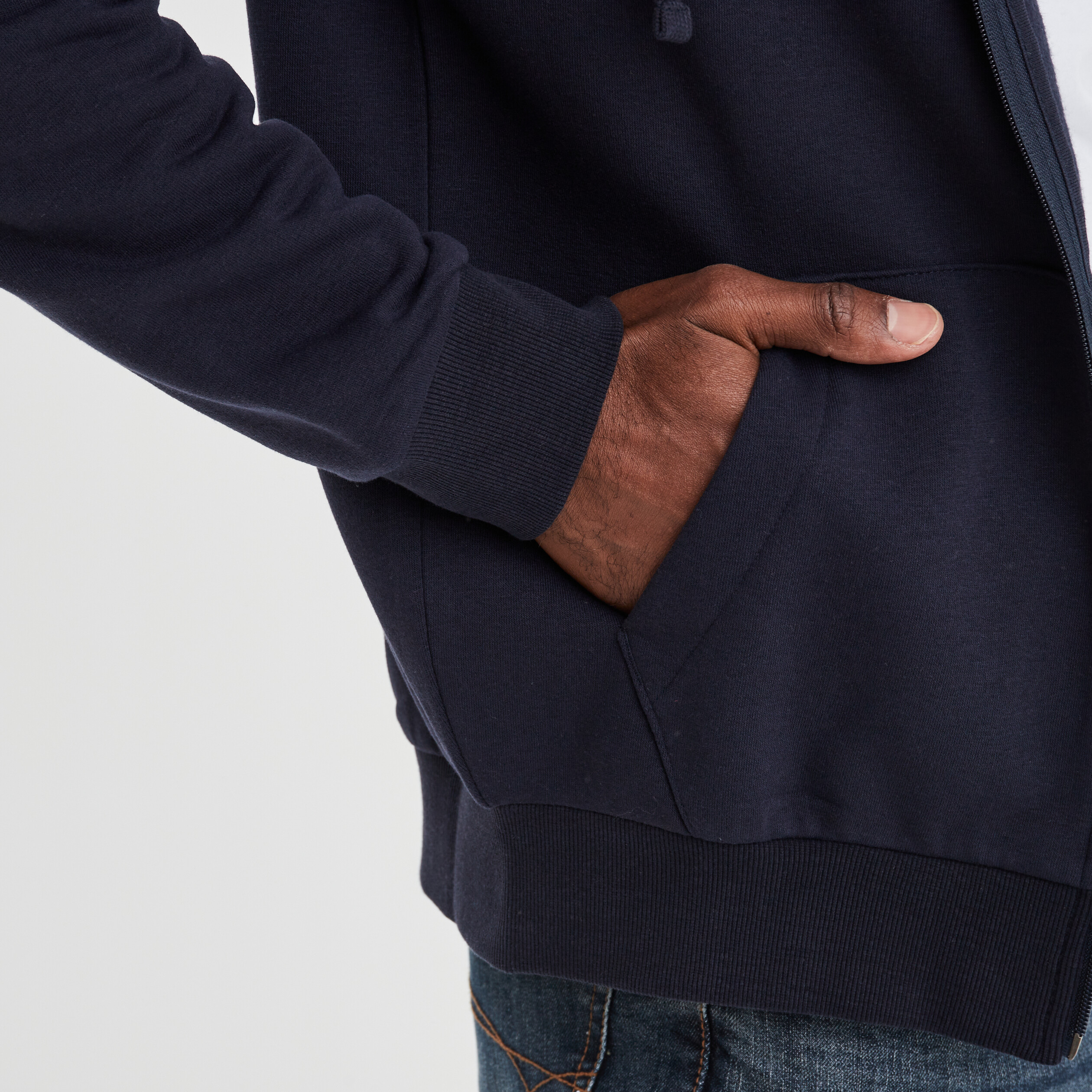 Sweat zipp&eacute; molleton &agrave; capuche bleu marine homme