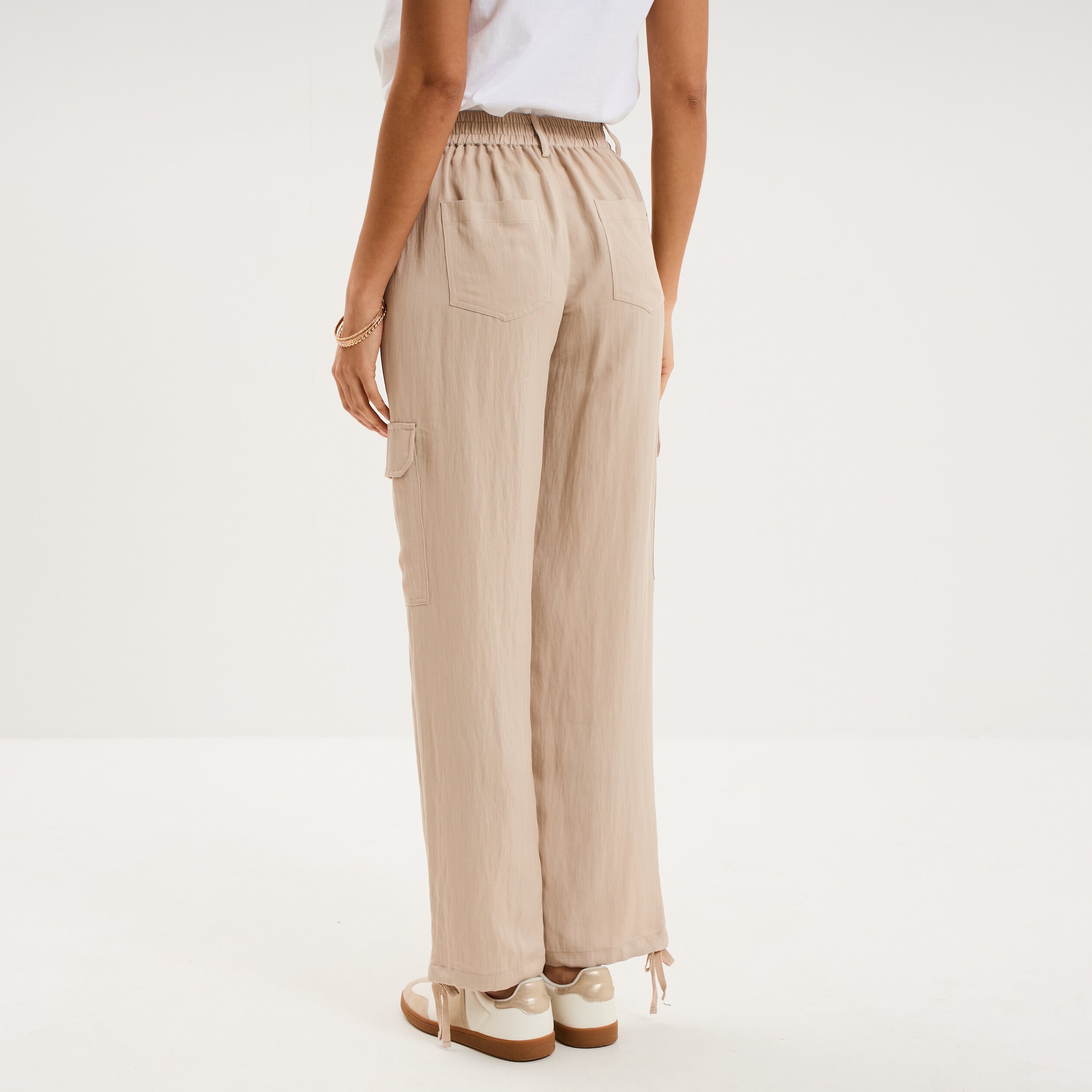 Pantalon cargo taille &eacute;lastiqu&eacute;e lyocell beige femme
