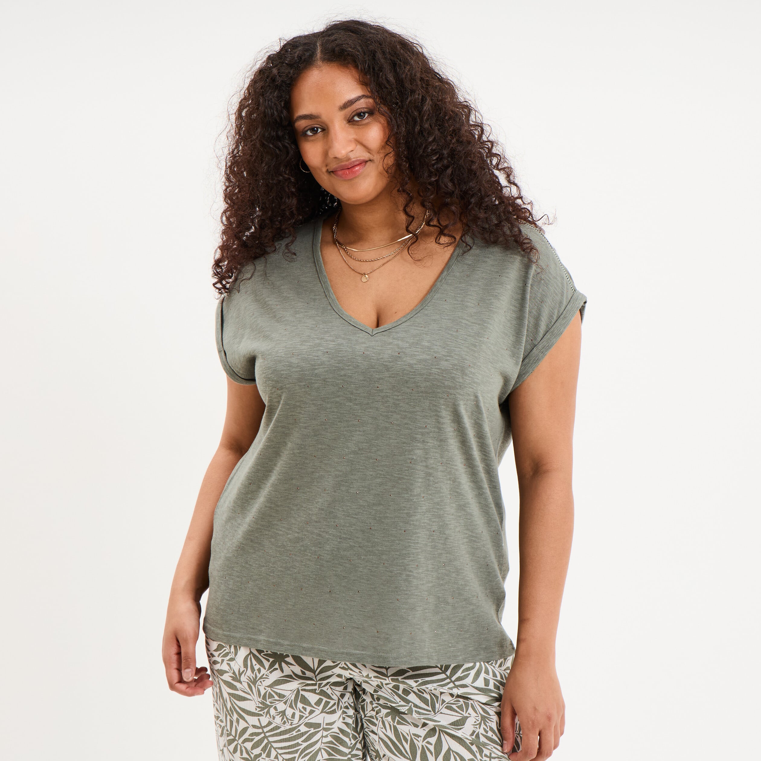 T-shirt avec strass manches courtes vert kaki femme grande taille