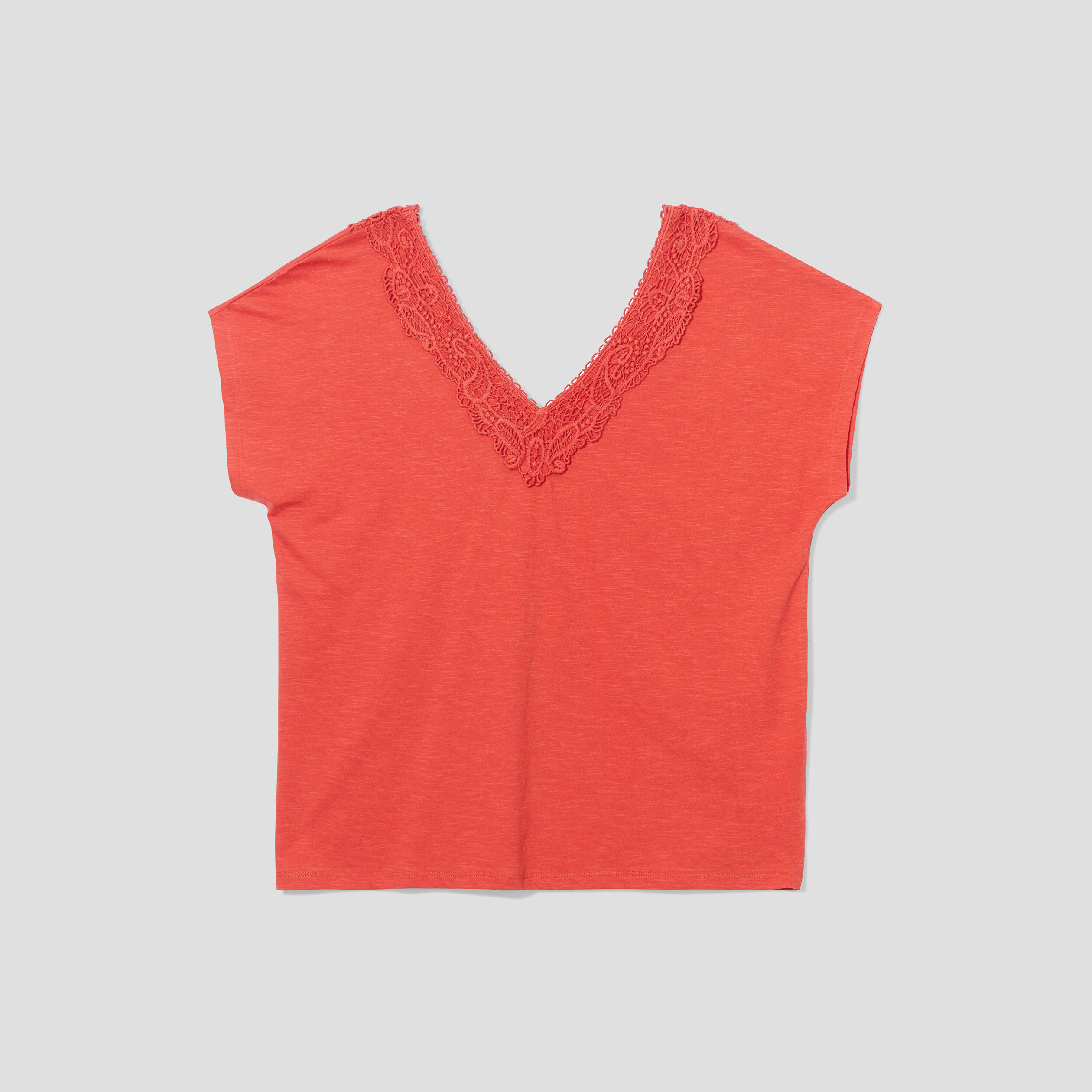 t shirt col v macrame manches courtes orange fonce femme T-shirt col V macramé manches courtes orange foncé femme