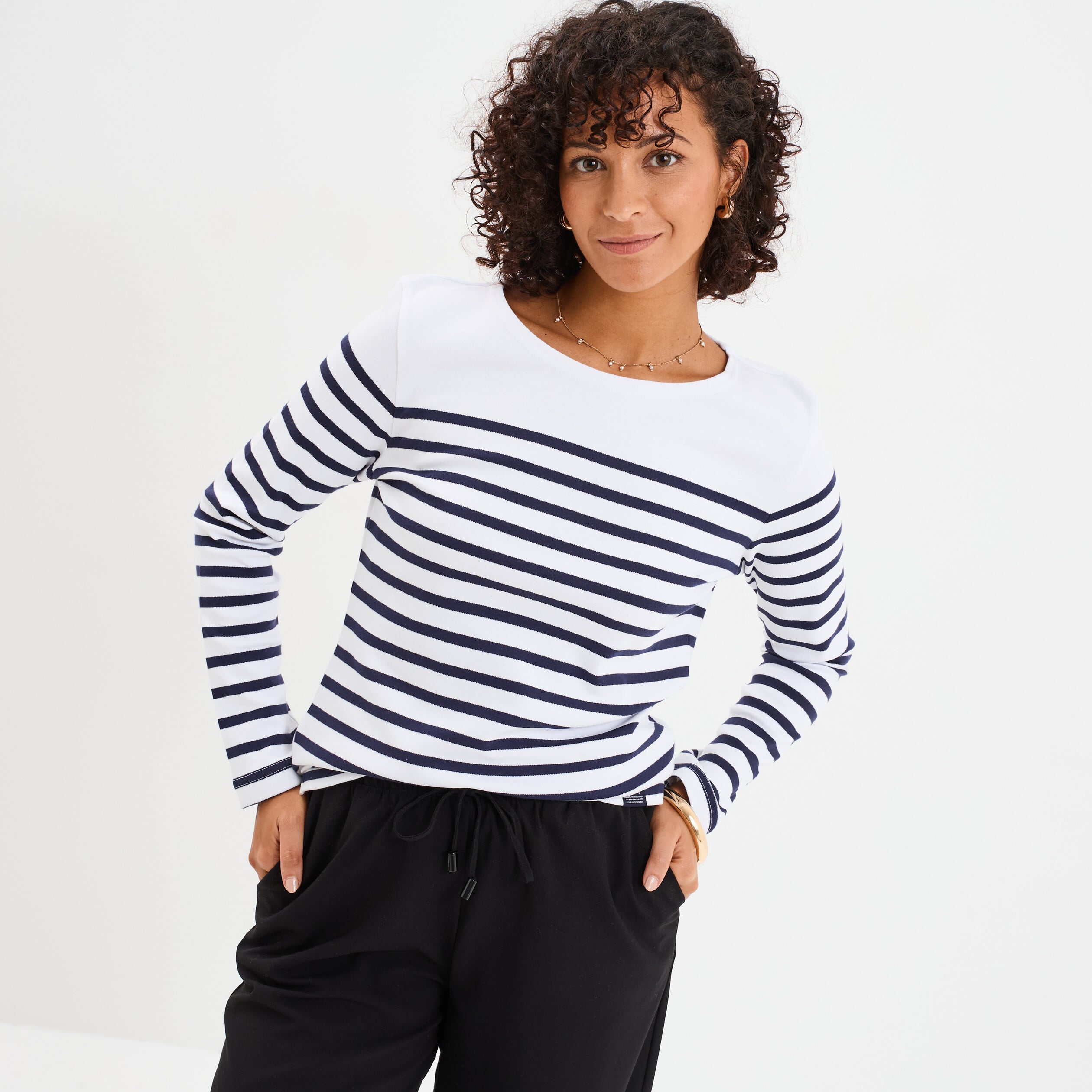 T-shirt marini&egrave;re manches longues coton blanc femme