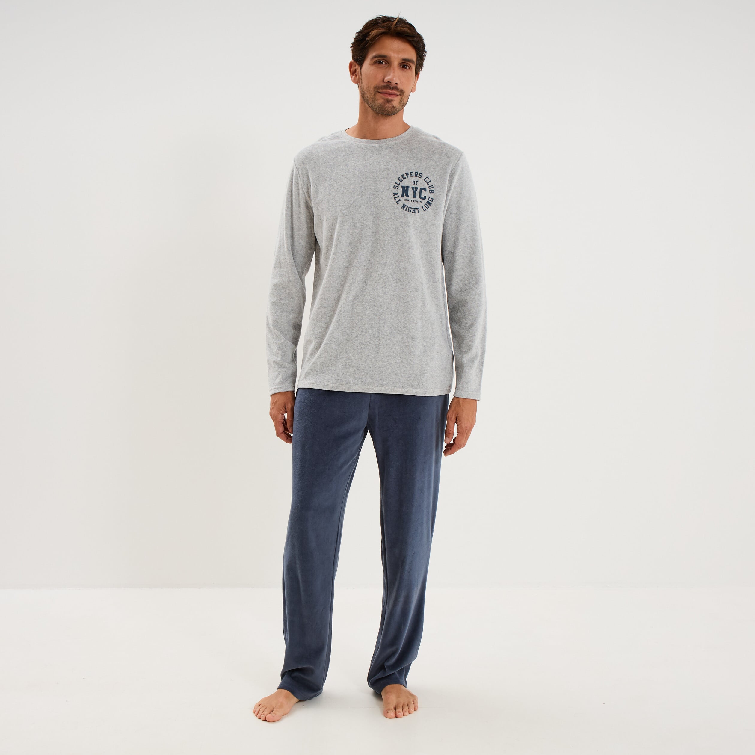 Ensemble pyjama pantalon effet velours gris homme