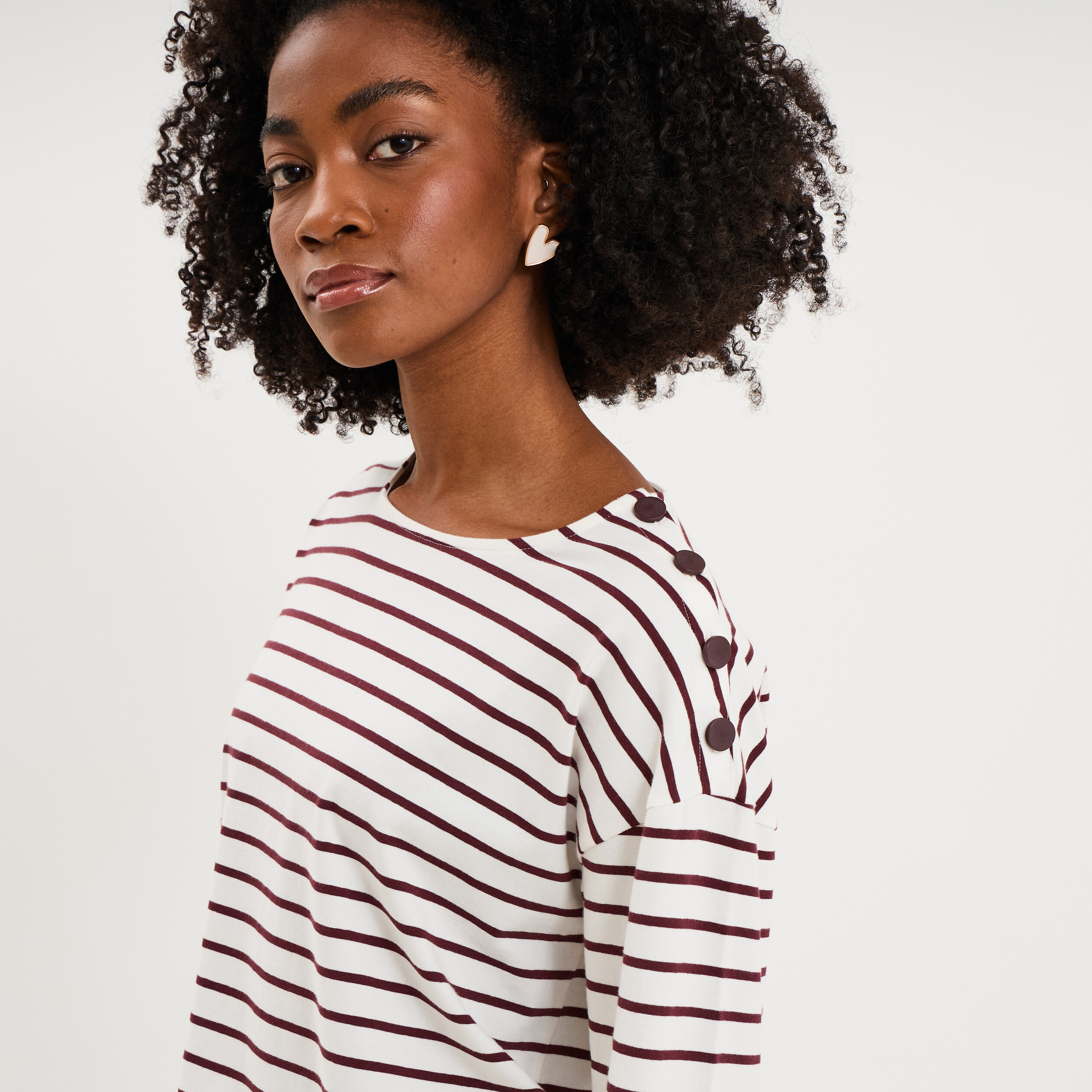 T-shirt marini&egrave;re col rond avec boutons ecru femme