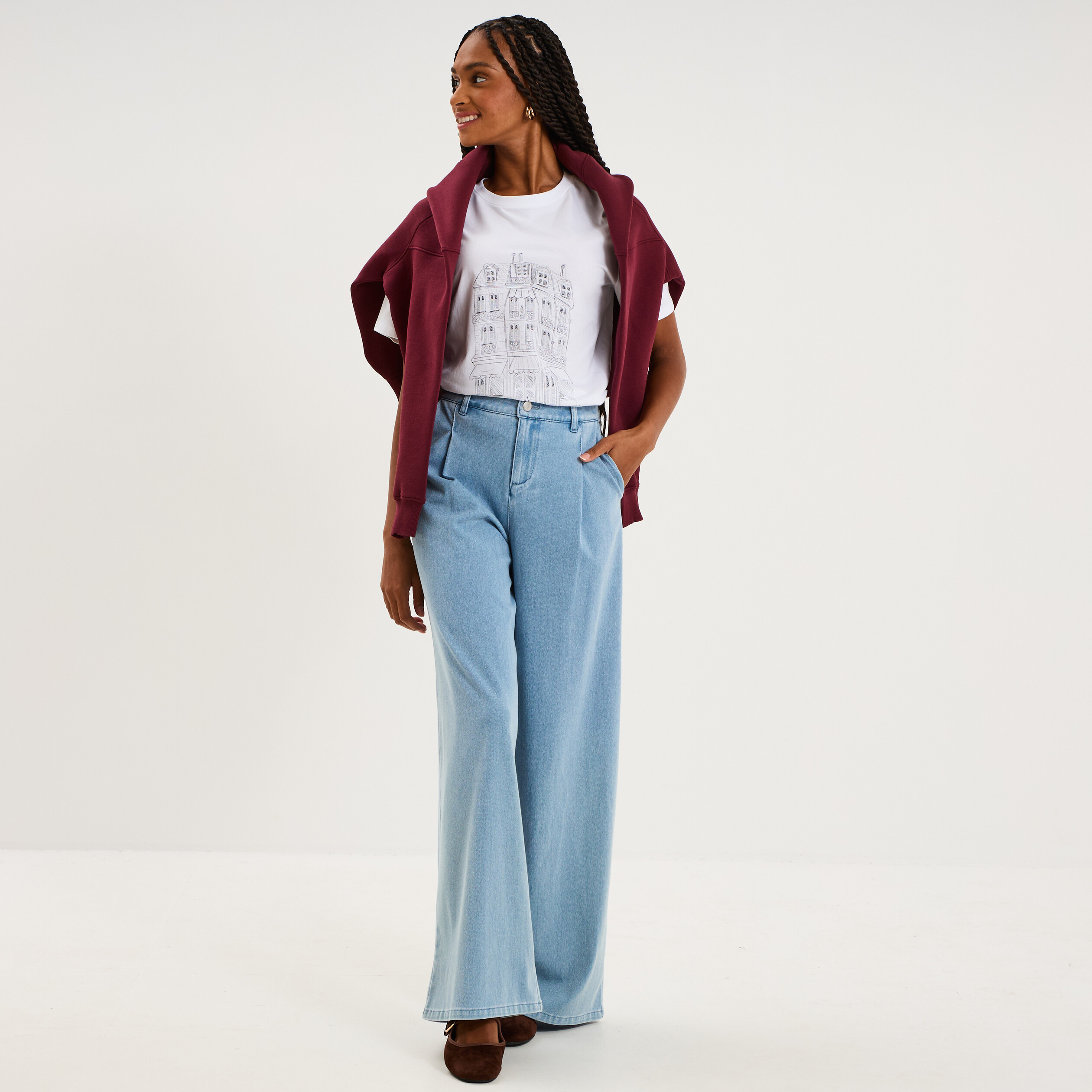 T-shirt col rond manches courtes imprim&eacute; blanc femme