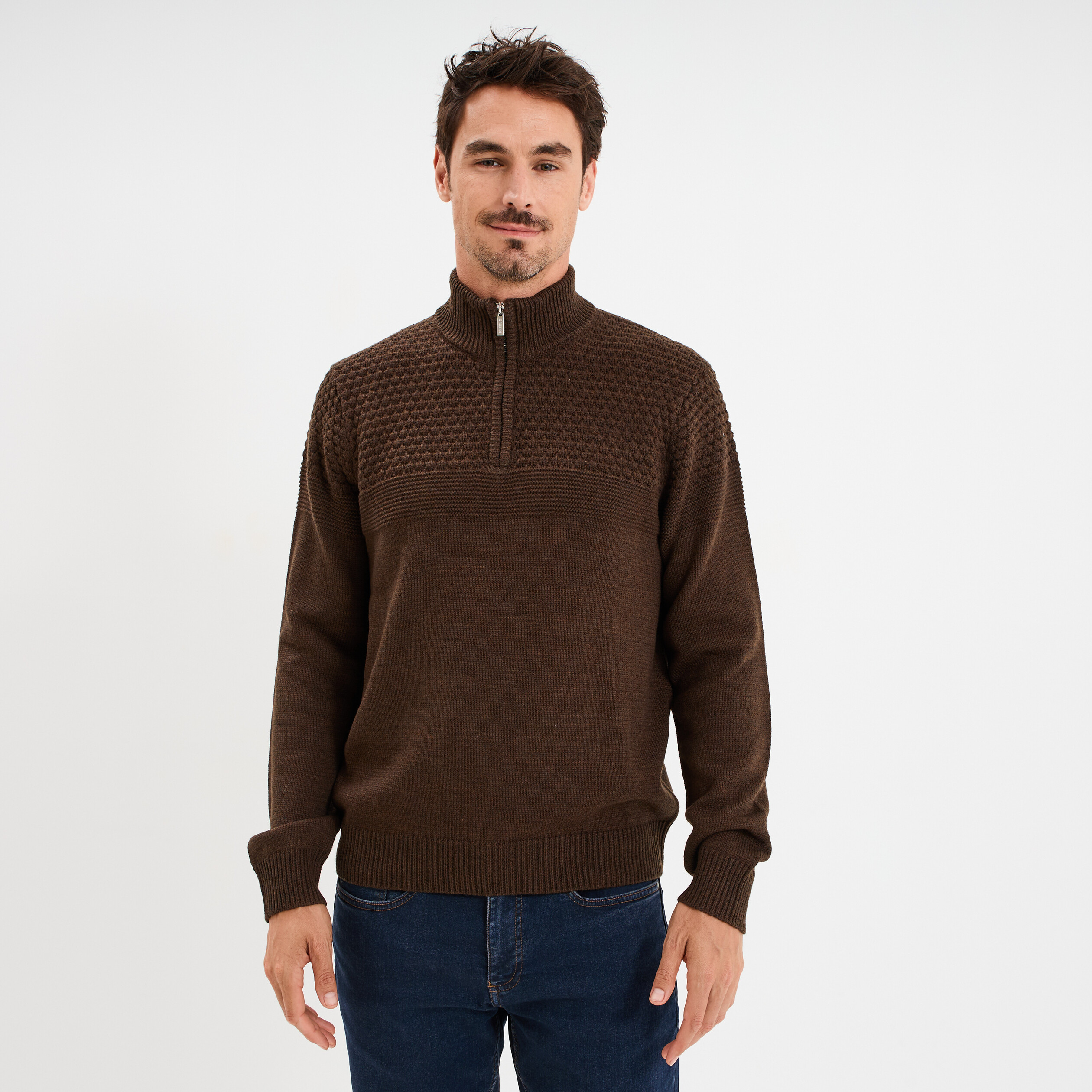 Pull col camionneur zipp&eacute; marron fonc&eacute; homme