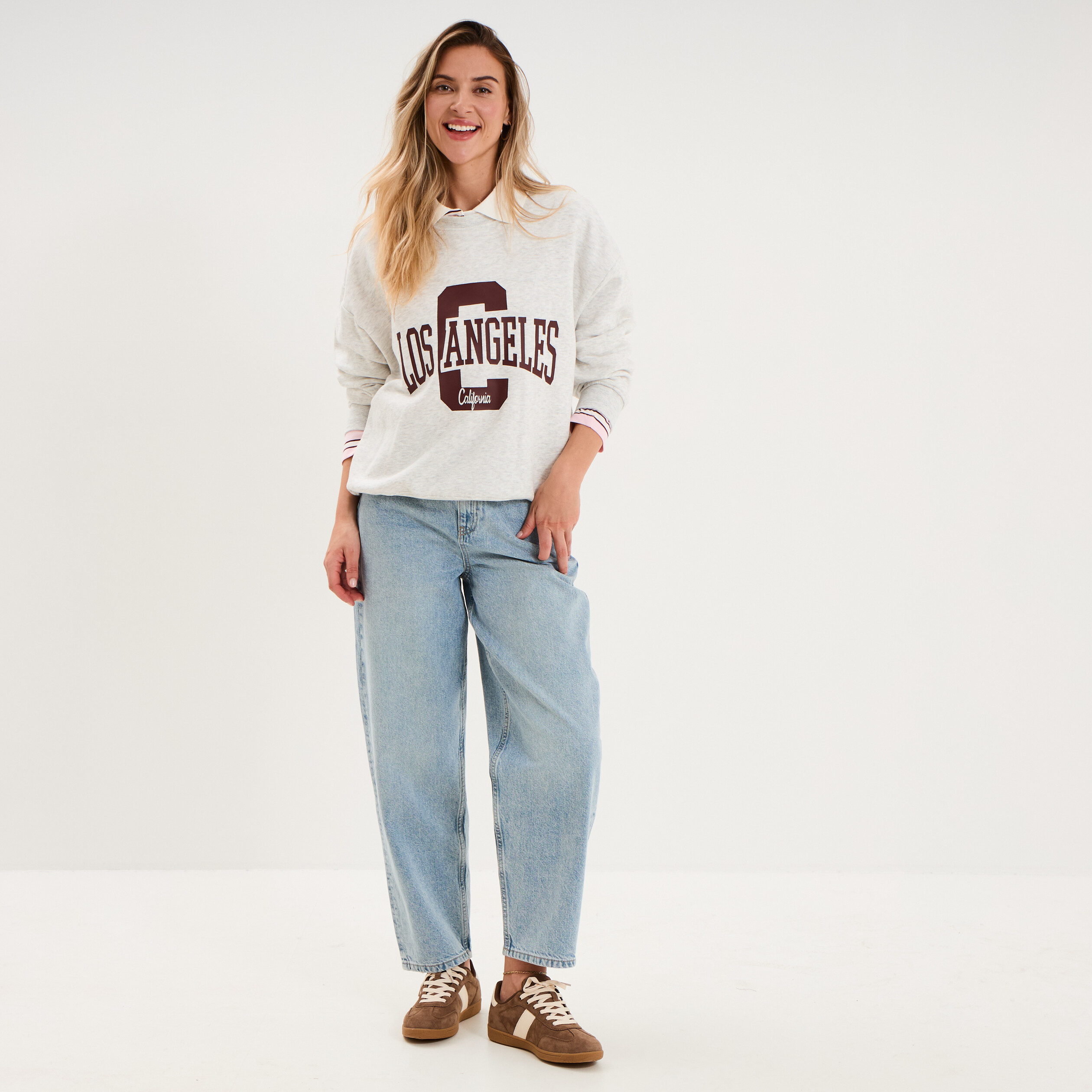 Sweat col rond manches longues gris clair femme