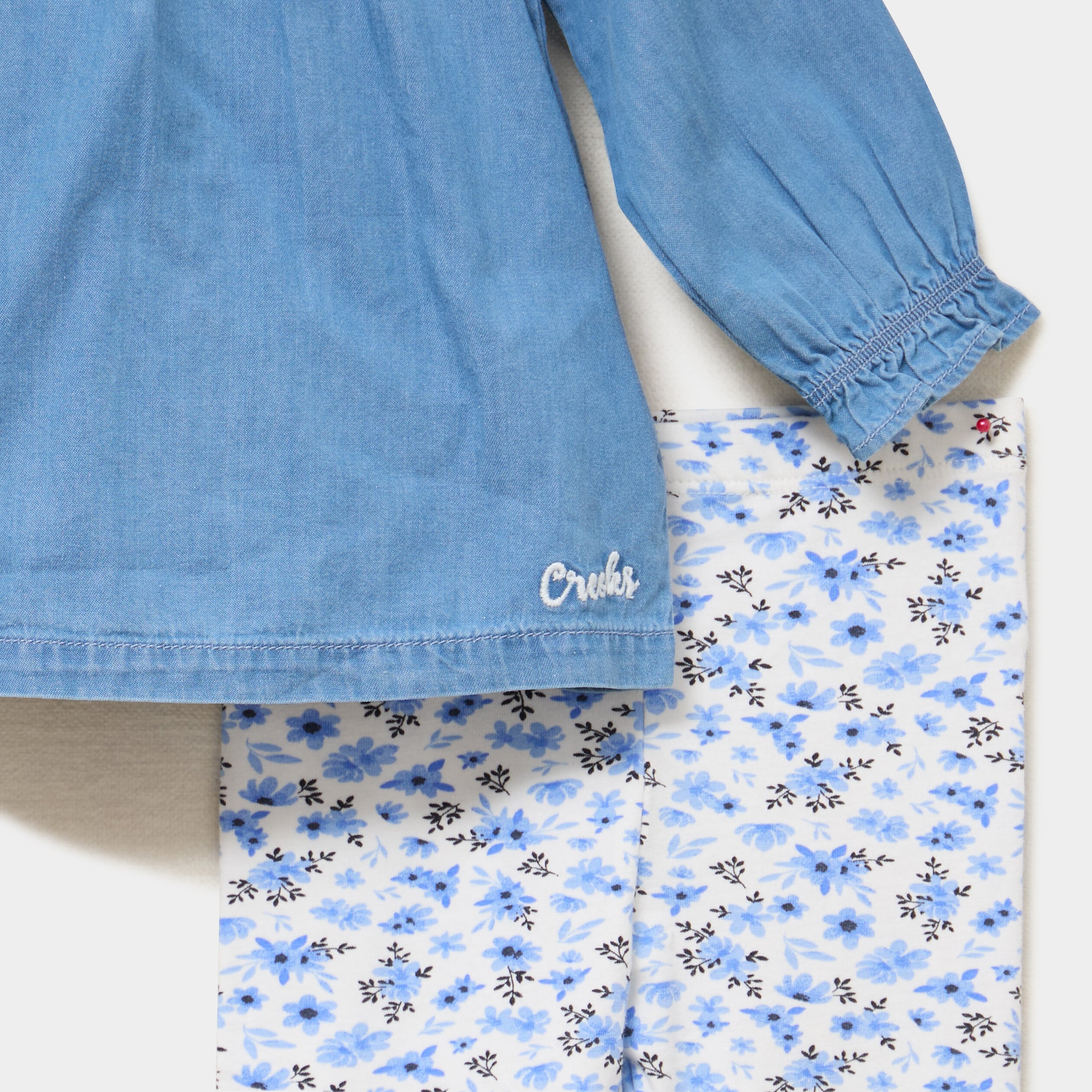 Ensemble coton 3 pi&egrave;ces blouse en jean ecru b&eacute;b&eacute; fille