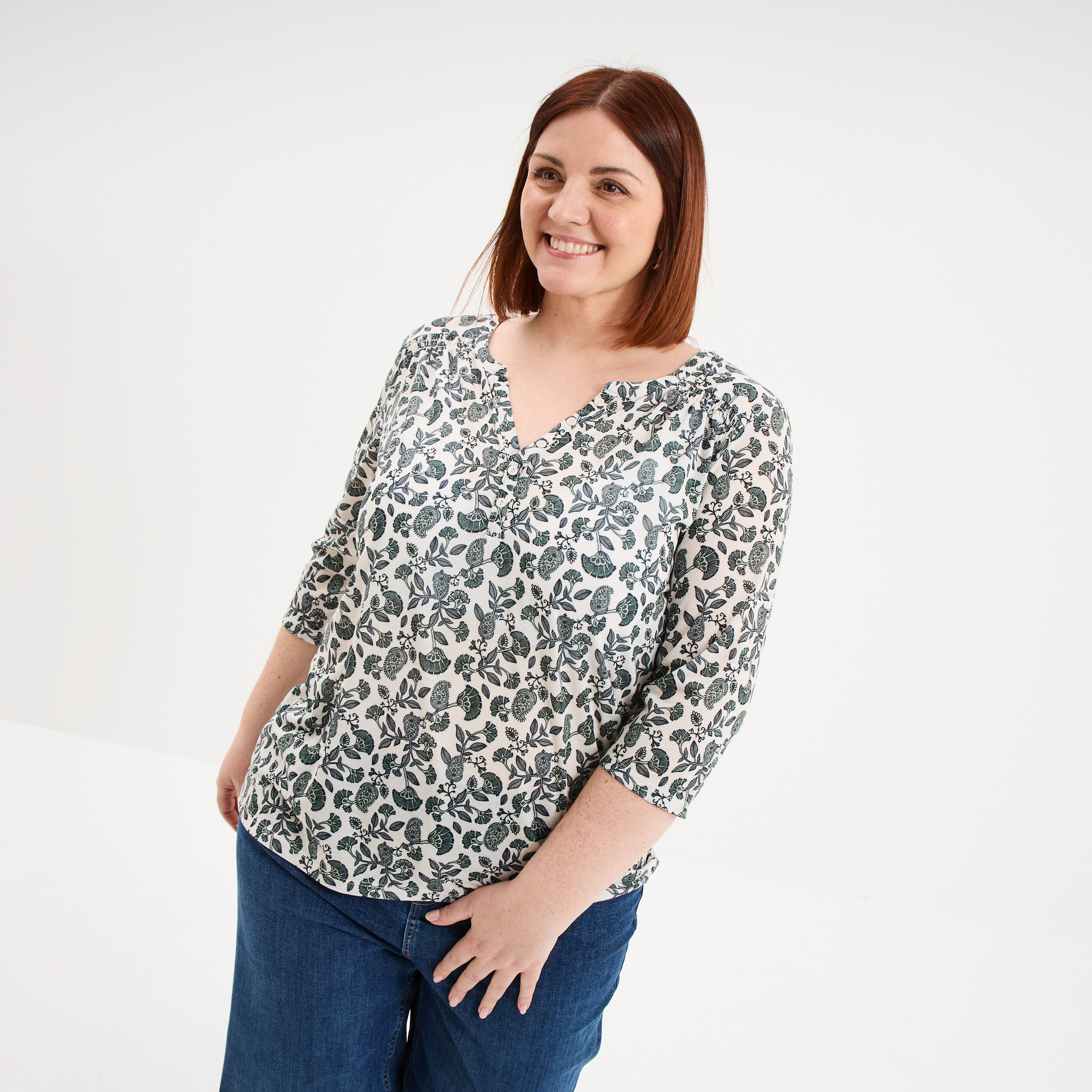 T-shirt col tunisien manches 3/4 ecru femme grande taille