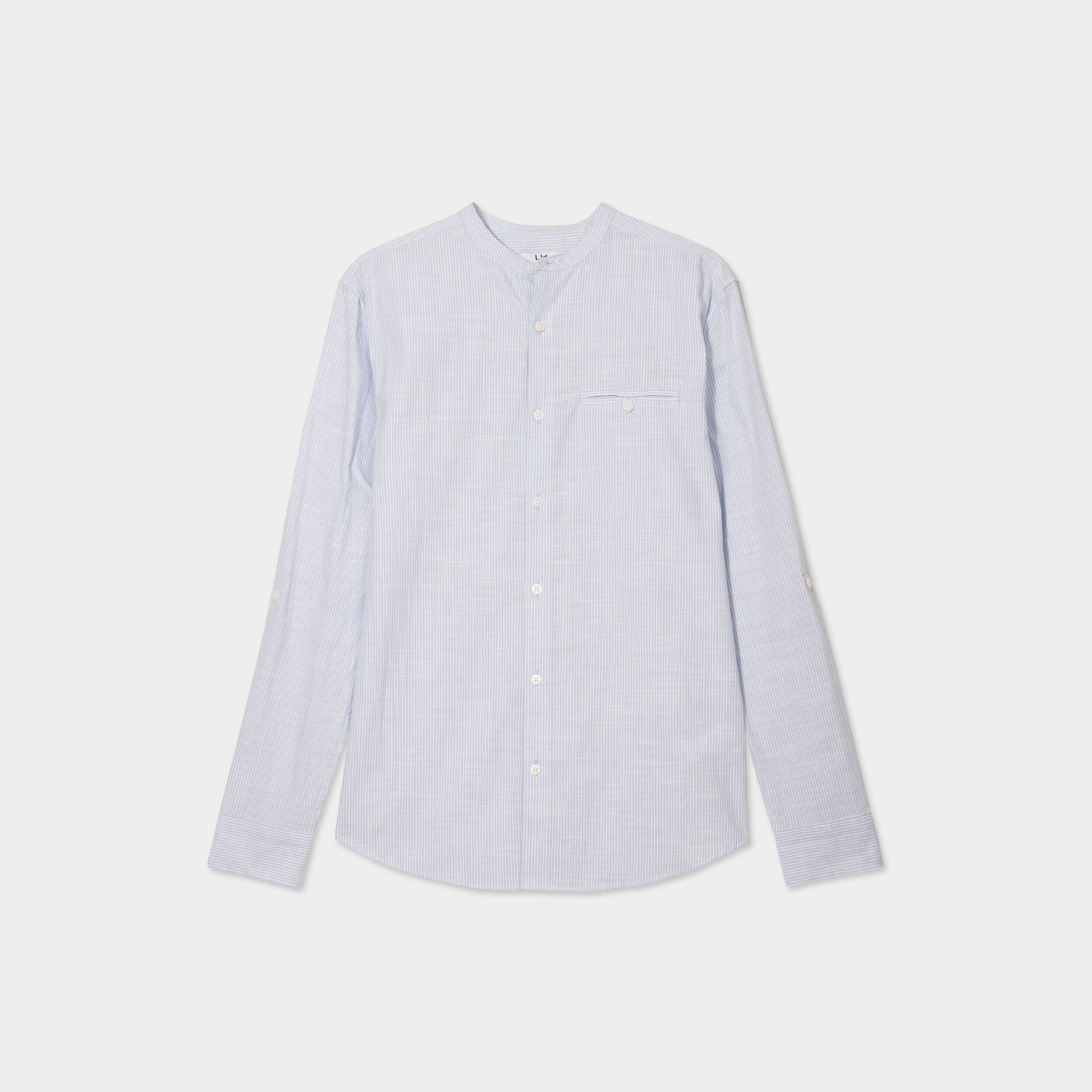 Chemise col mao manches longues coton bleu ciel homme