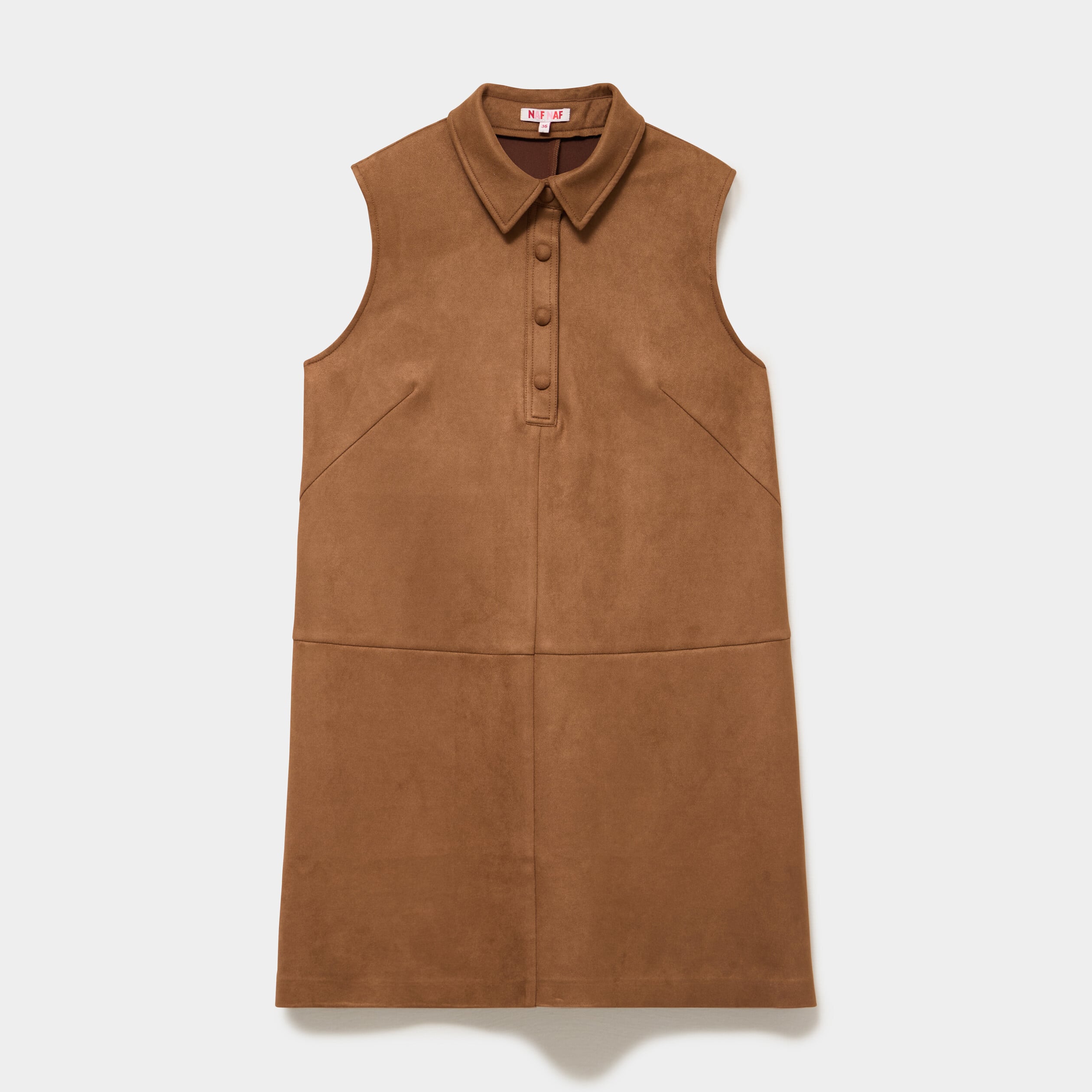 Robe su&eacute;dine sans manche col chemise marron clair femme