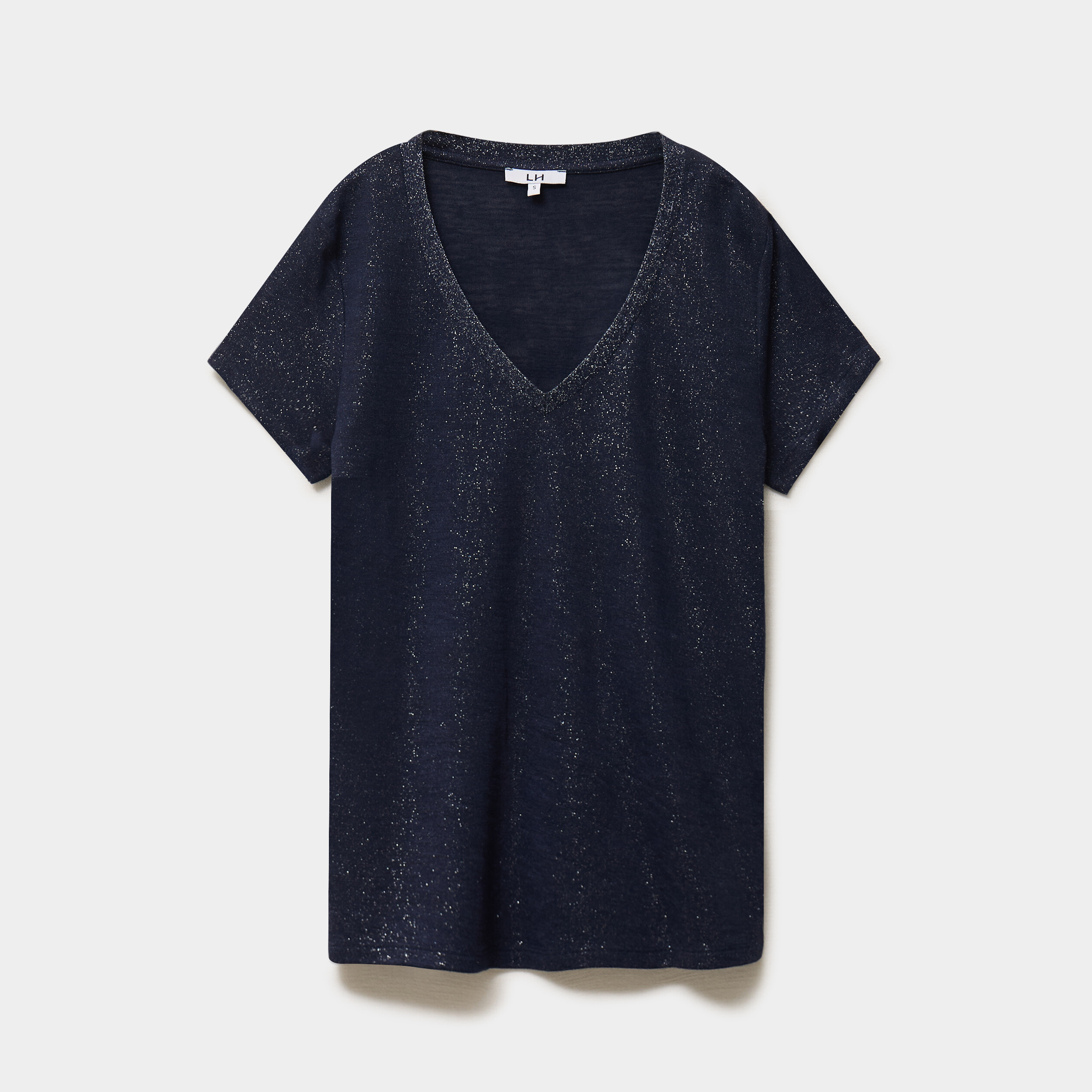 T-shirt col en V manches courtes bleu fonc&eacute; femme